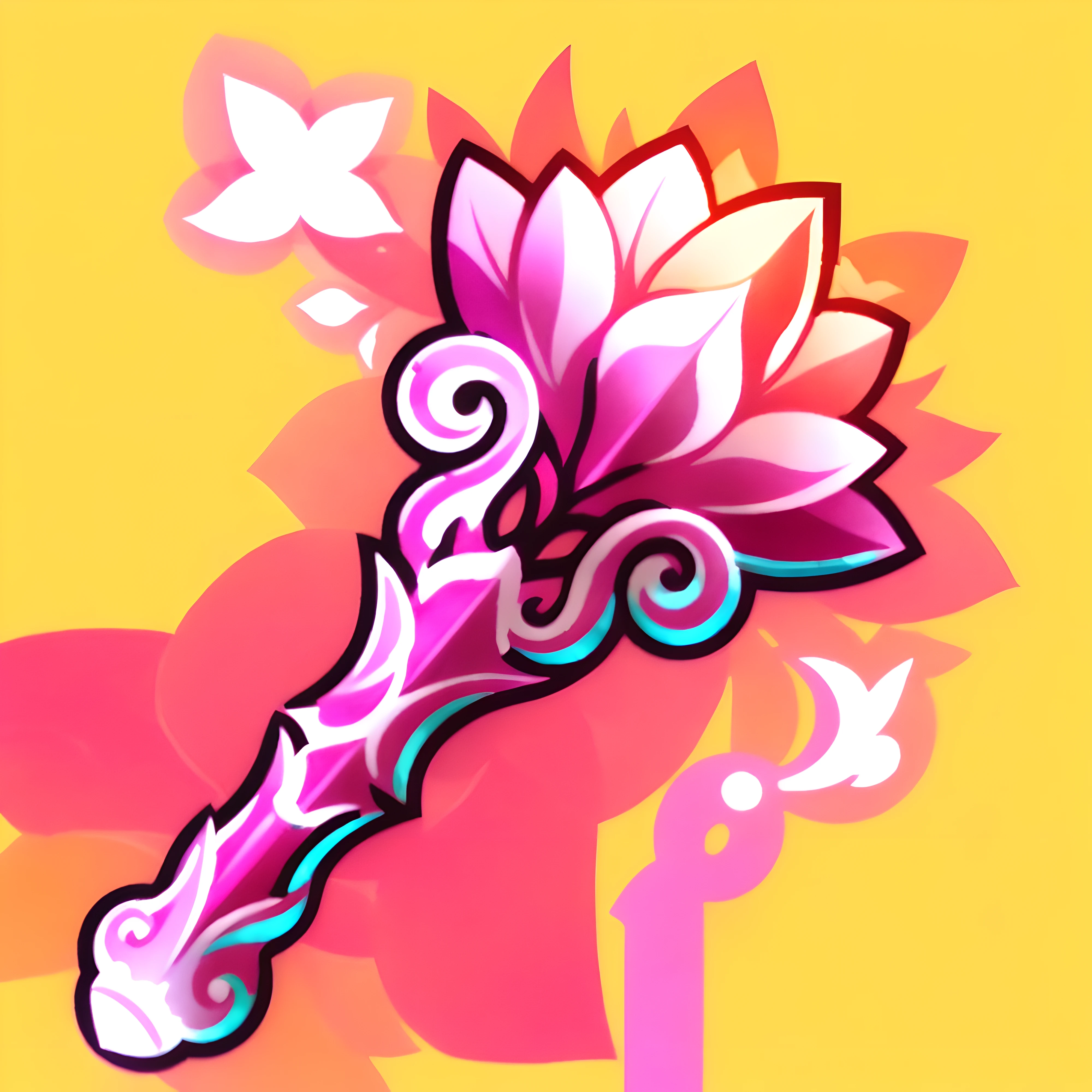 There is a pink flower,There is a dragon on it, magic staff, shop window for magical weapons, Stylized art, wizard magic staff, magical sword, Magic wand, item art, magic spell icon, holding a magical staff, carrying a magical staff, magical artifact, draconic staff, intricate fantasy spear, fantasy weapon, Dragon staff, stylised painting