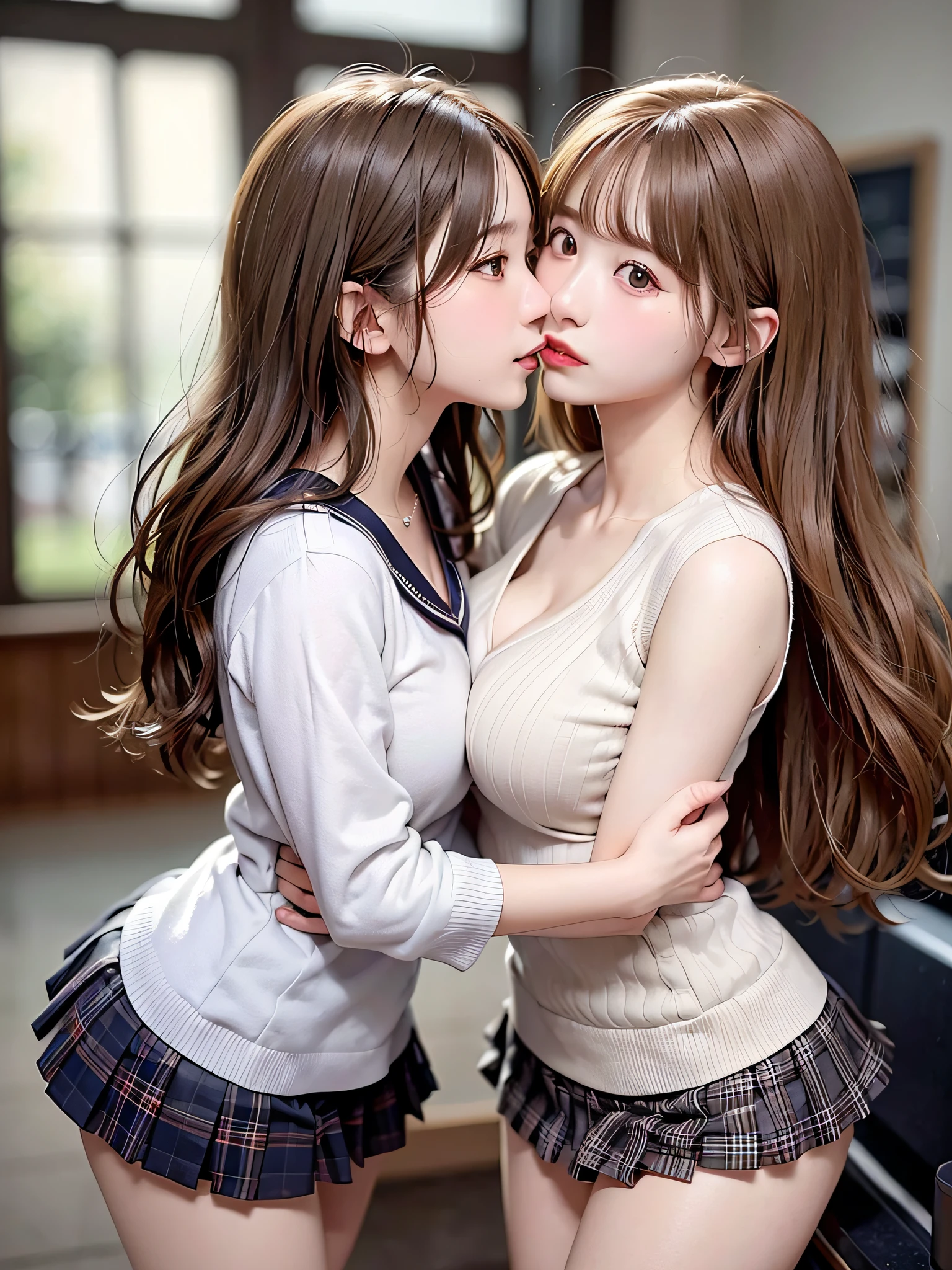 in 8K, top-quality, Real Image, With intricate details, Super Detail, 超A high resolution, Depth Field,(Photorealsitic,realisitic:1.2),masterpiece , {{Two beautiful women staring at each other:1.5、Two beautiful women make love to each other、LGBT, Kiss between two beauties:1.5、the kiss:1.5、Two beauties putting their lips together:1.5、hug, kiss:1.5, Saliva:1.8, profile、Avoid hitting each other's noses、 Inviting eyes, perfect glossy skin, flawless skin, Fair skin、Clean eyes、Rich facial expressions、Ecstatic face}}、{One woman is a school teacher、a blond、length hair、large full breasts:1.5, cleavage of the breast, Constricted waist、Sexy tight skirt;1.8}、{One Woman Is a High School Girl、校服、a sailor suit:1.8、Extreme miniskirts:1.5、White panties are visible:1.5、Emphasis on crotch cleft:1.5、Open your mouth slightly、brown haired、Princess Cut、Medium Hair, Align your bangs}, {{fullllbody、sexypose:1.5}}, {{low angles:1.5}}、{{Put head-to-toe on the screen:1.5}}、{{Late night gymnasium:1.2、Two beautiful women bathed in light:1.5、Dynamic Poses:1.2}}