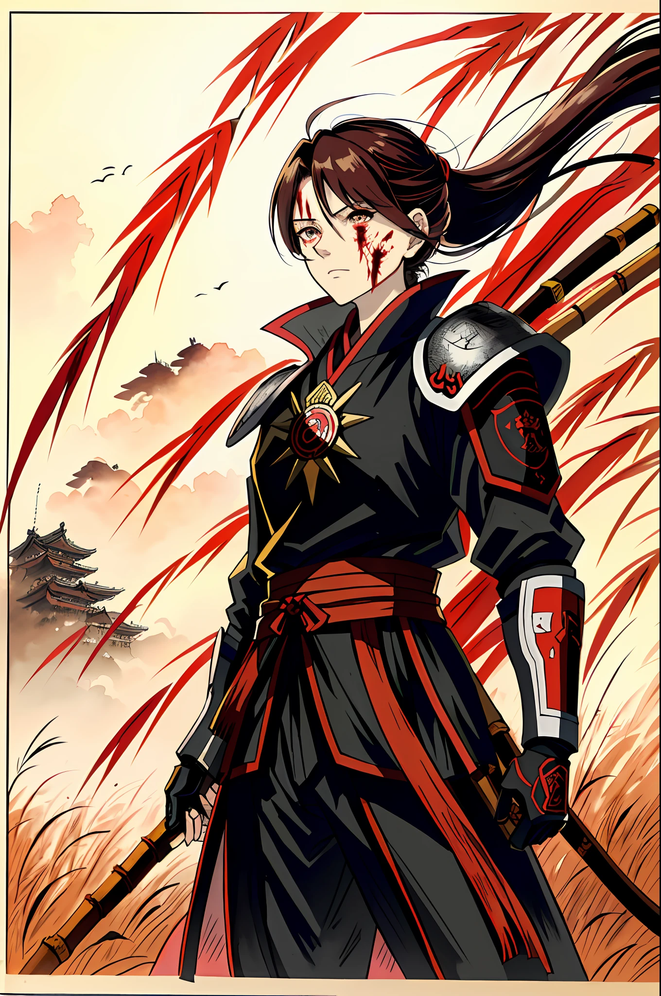 Beautiful anime girl.Medium chest,black in color, Red and white samurai armor, On a battlefield, Chinese field in the background, Detailed eyes, Full-body, Monochrome red filter color, Warm light, Bamboo cane, Realistic bamboo, Family crest, Coat of arms of Japan, HD armor, Anime, The art of Peter Morebach, art by Yoji Shinkawa, The face of war, Blood on the face, Japanese tattoo on the face,