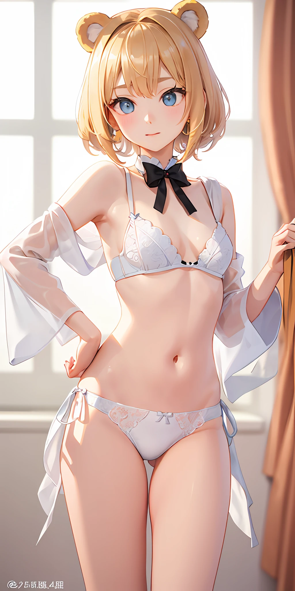 (realisitic: 1.4), (​masterpiece, side lights, Fine and beautiful eyes: 1.2), ​masterpiece*portlate、realisitic, 3D 顔, Luminous Eyes, Shiny hair, Skin falls out, 独奏、embarrassed from, (Upper abdomen), White underwear, （small tits）、blonde  hair、（A Princess）bear ears、