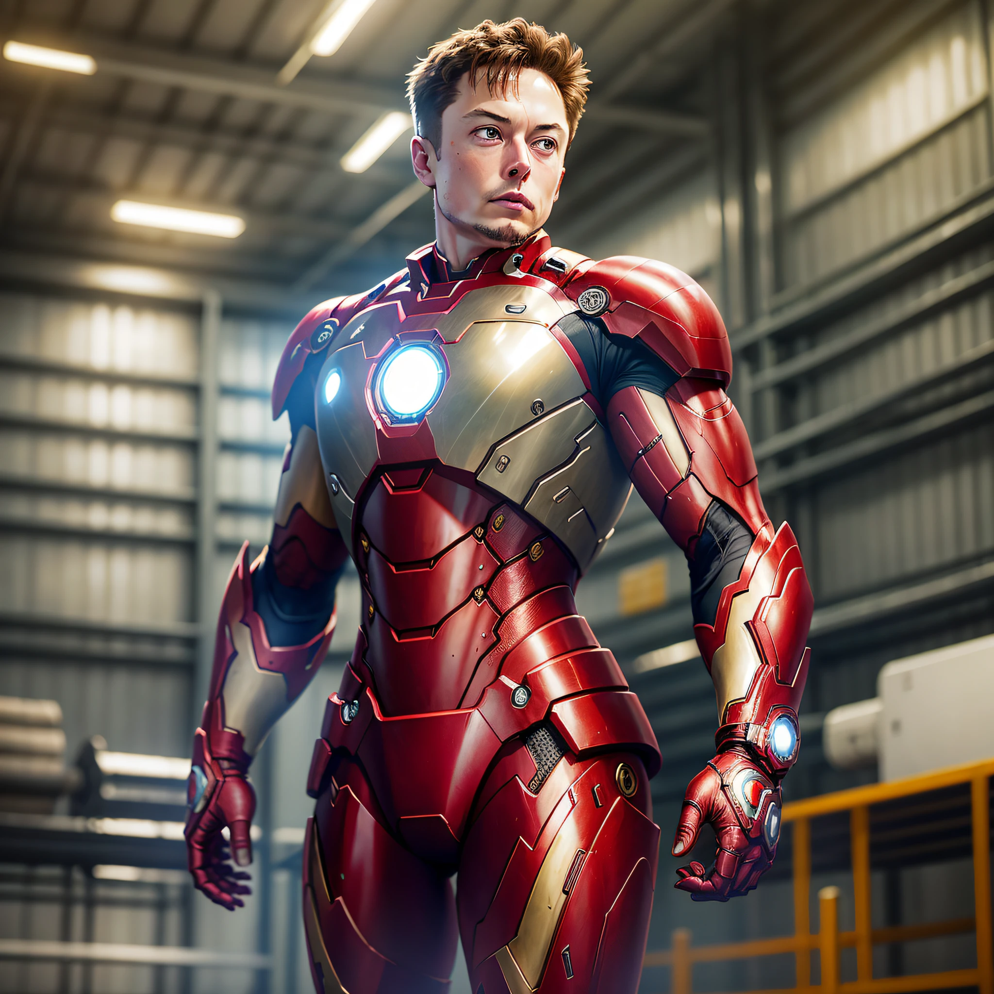 Elon Musk wearing the Iron-man Armor inside a SpaceX warehouse, hiperrealista, Incredibly detailed, Perfectly Correct ???????