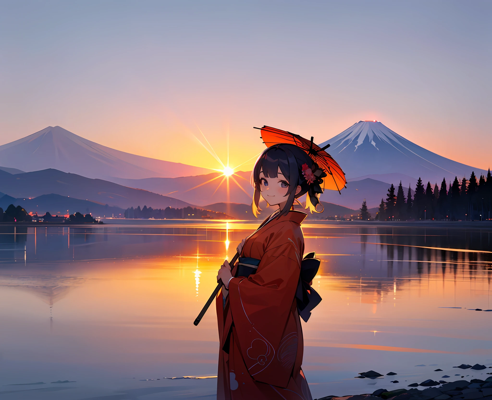 top-quality、Lakeside in front of the mountain、Mt fuji、夏天、early evening、Beautiful sunset、outside of house、younggirl、Smile on the screen、Detailed beauty、picnic、Open the parasol、Kimono、taisho roman --auto