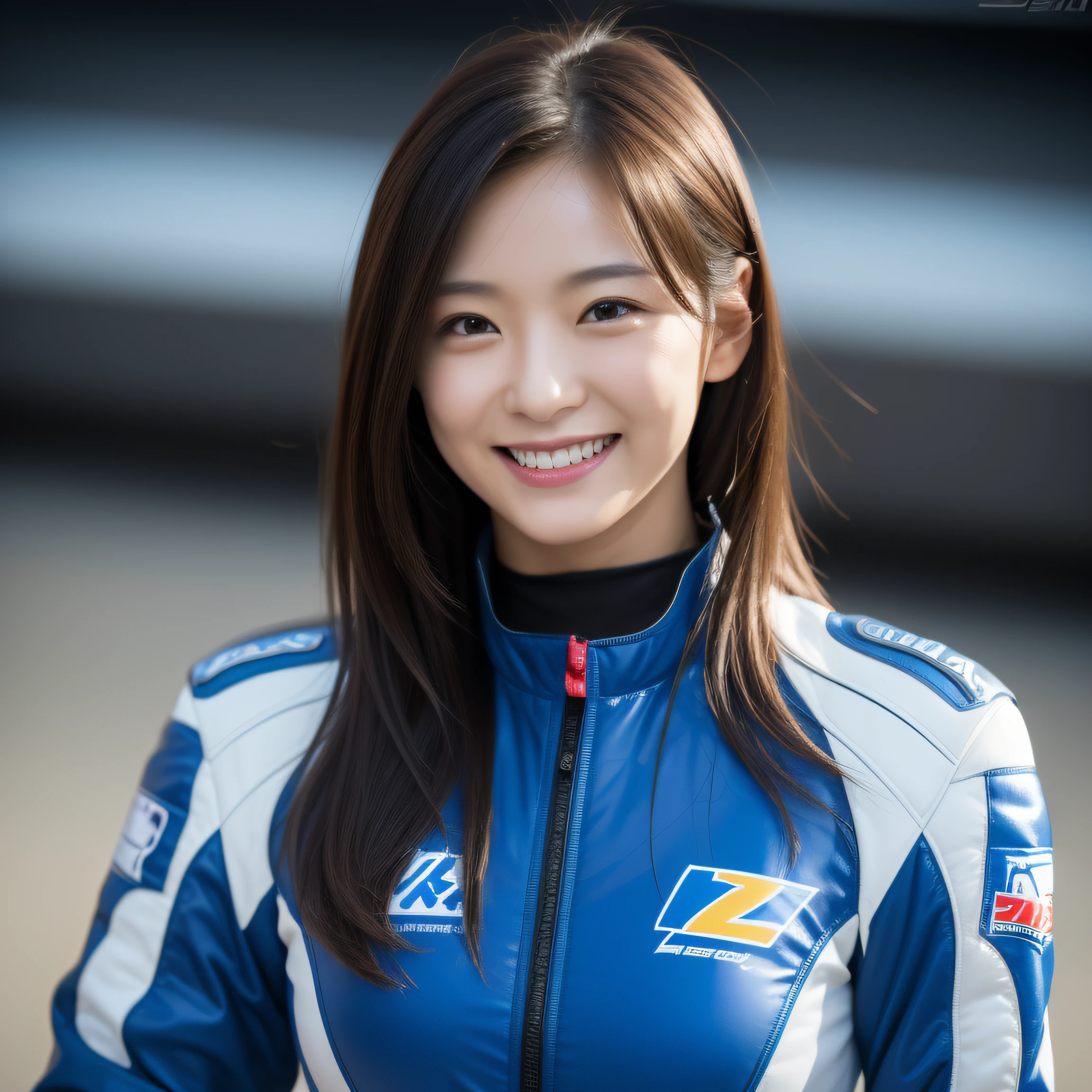 8K, masterpiece, best quality, photo realistic, ultra-detailed, 1 girl, Asian, athletic body, realistic skin texture, long hair, (breasts:1.0), (smile:1.0), gaze at viewer, (form fitting car racing suit), (no helmet), movie lighting, face focus, fine eyes, detailed face, well lit face, day light, race track in background