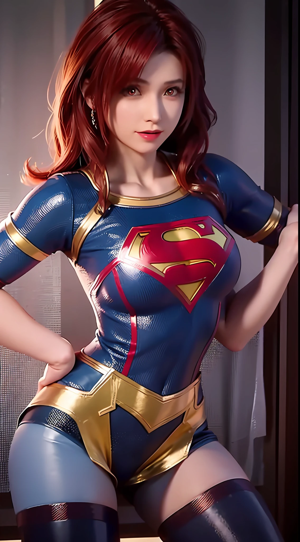 8K,超高分辨率,1girll, Solo ,She's Supergirl,Woman body set big breasts,Supergirl costume dress,Strong muscles,Red hair,Stand up