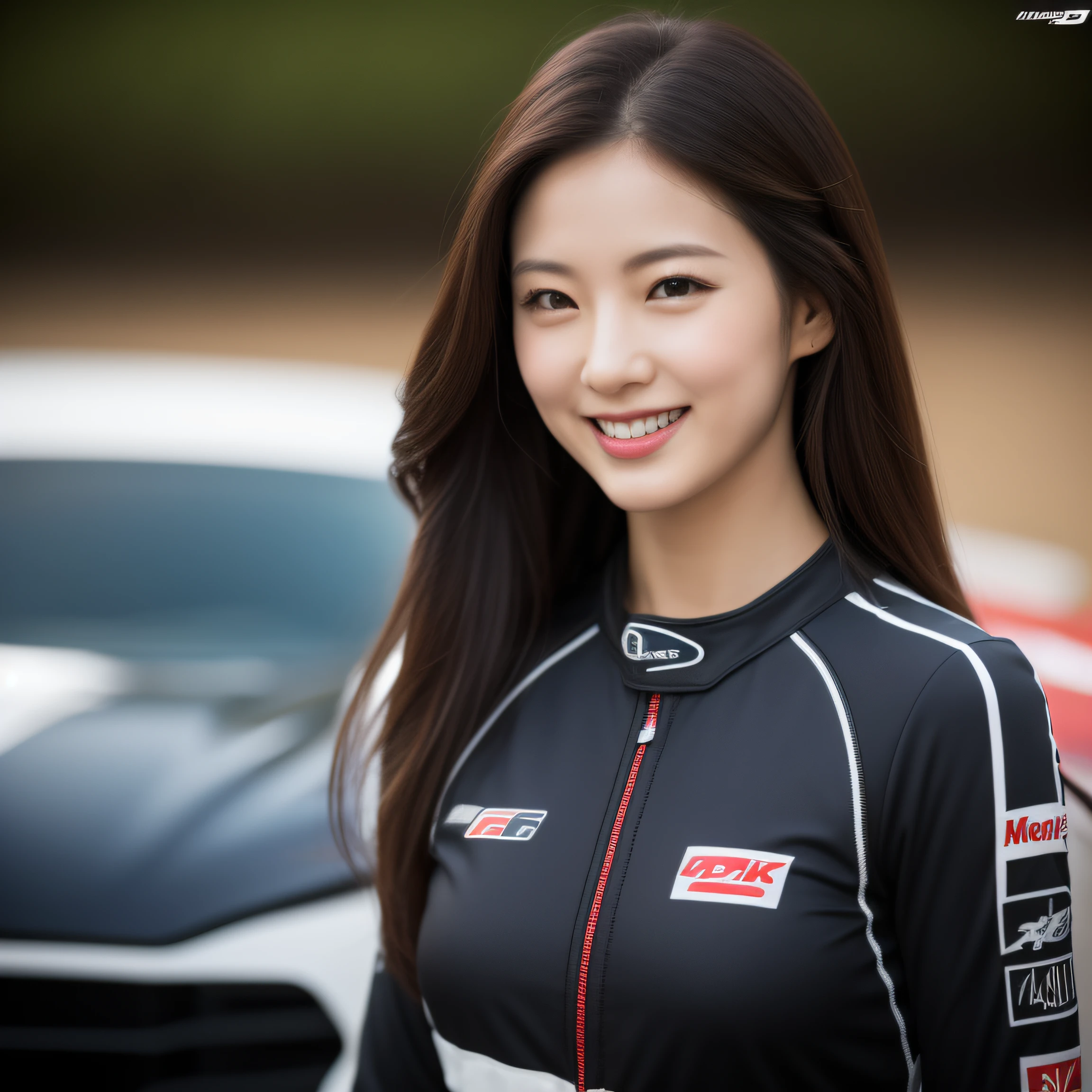 8K, masterpiece, best quality, photo realistic, ultra-detailed, 1 girl, Asian, athletic body, realistic skin texture, long hair, (breasts:1.0), (smile:1.0), gaze at viewer, (form fitting car racing suit), (no helmet), movie lighting, face focus, fine eyes, detailed face, well lit face, day light, red racing cars in background