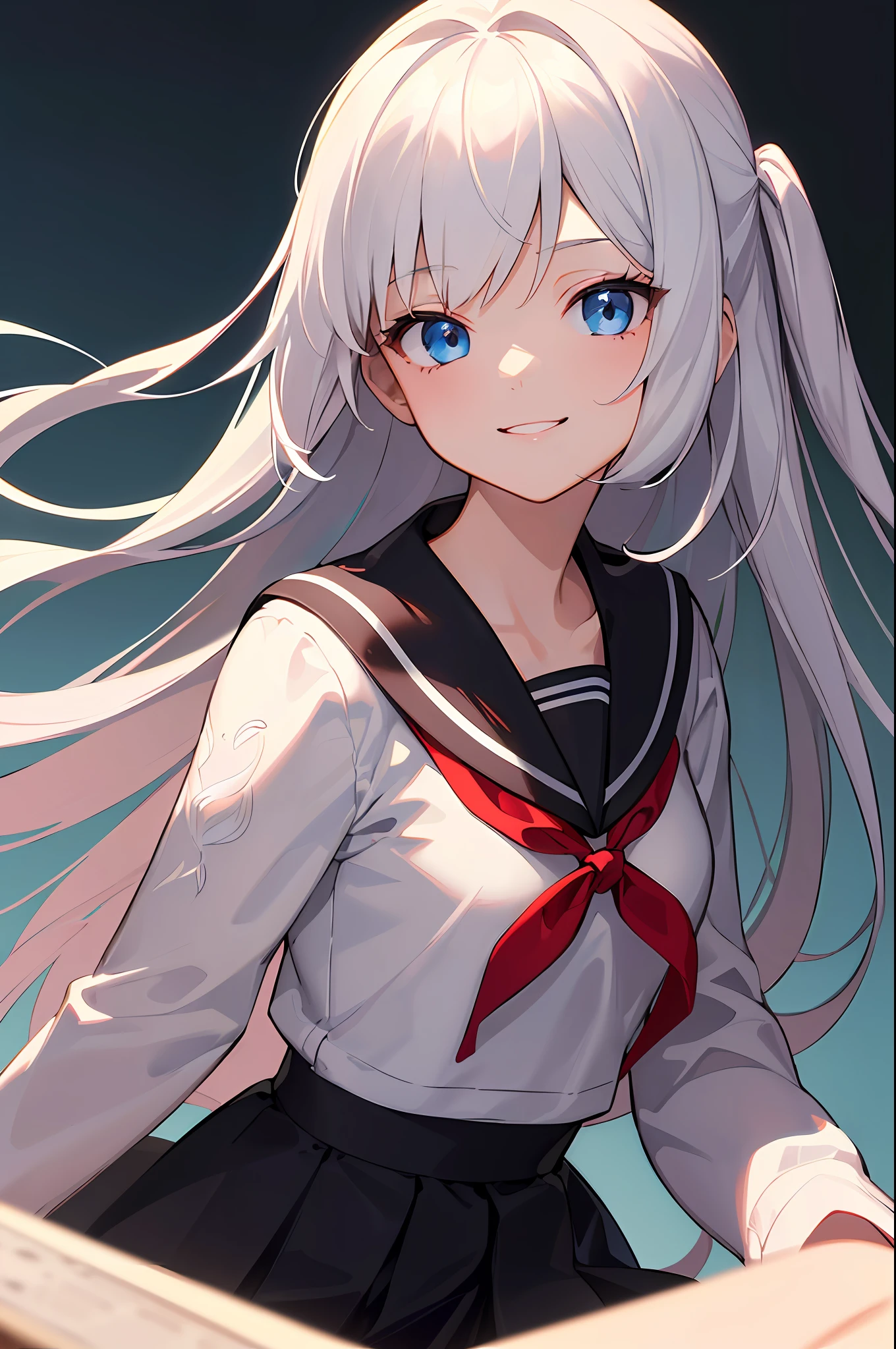 (Masterpiece, Best quality, A high resolution:1.4), 1girll, ((Unity 8k wallpaper, illustration, , beautiful and delicate detailed girl)), Small breasts, , Smile,Girl, Long hair, White hair, Blue eyes,Close-up,strong rimlight, intense shading, Black serafuku,straight on,one side up