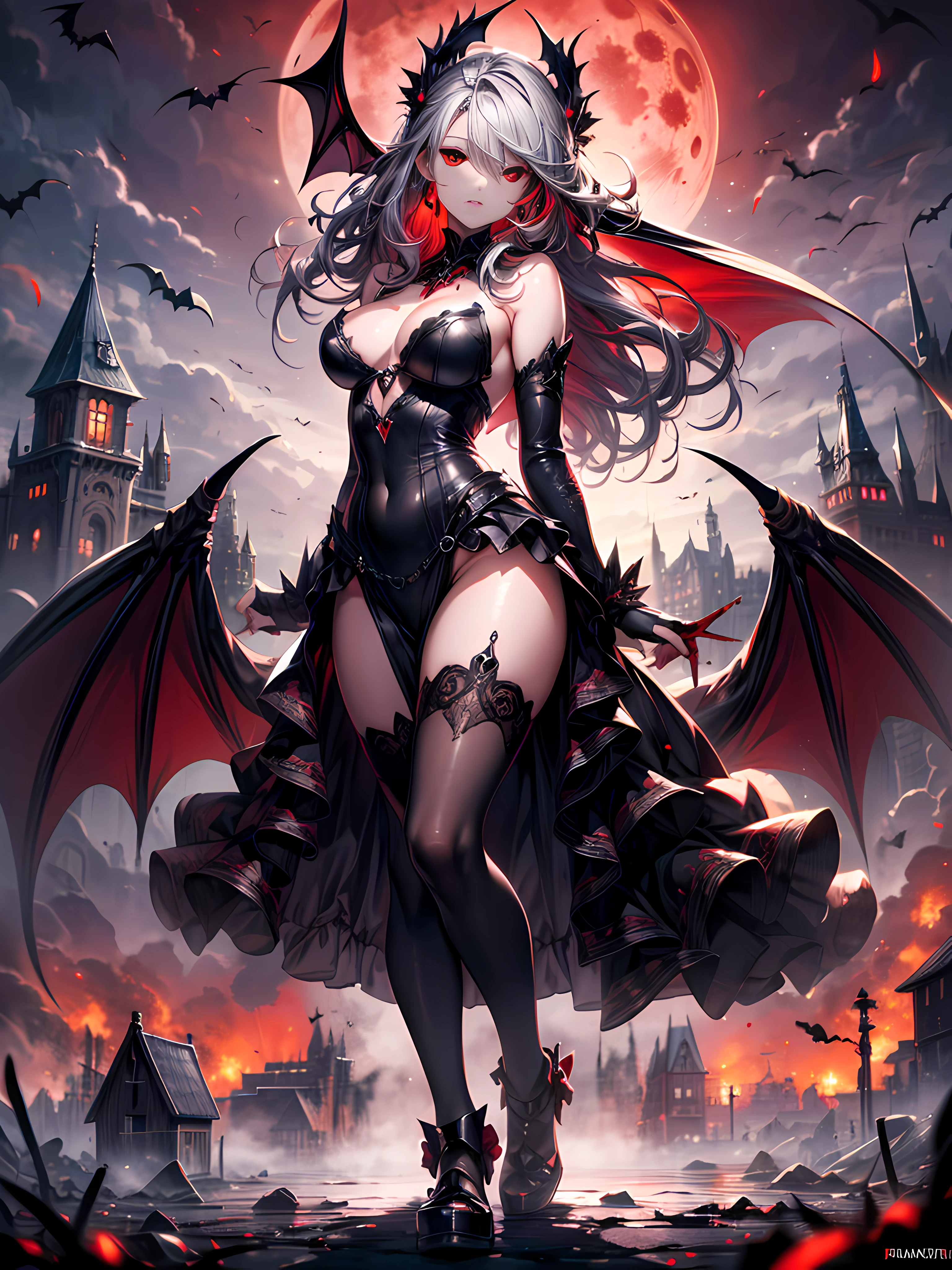 Medium shot, full body, sharp focus, girl focus (Best Illustration), 8k Resolution, Intricate Details, Best Quality, Realistic, Ultra Detailed, Best Lighting, Best Shadows, Ultra HD, BREAK A Necromancer, Night, dark Magical auras, Dark Style, Vampire, Bat wings, (( alot of bats flying around, fog, blood splash on the ground, blood moon, red sky, dark theme)), (shining red eyes:1.6), BREAK masterpiece, high_res, Beautiful face, tyndall effect, photo realistic, (high detailed skin:1.2), 8k uhd, dslr, high quality, Photograph, high resolution,(extremely detailed), Bokeh, BREAK medium breasts, absurdres, ponytail contorted, best ratio four finger and one thumb, (gothic style castle background) , mature,,(perfect body),(fine and beautiful detailed skin:1.2),(shiny),(Oil highlights:1.2)[wet with oil:0.7],(shiny skin),