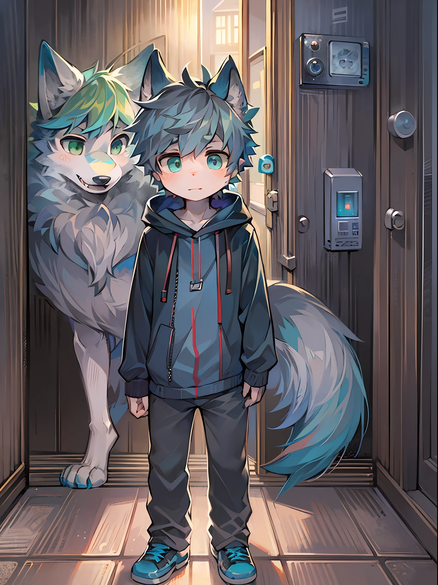 (1 boy:1.3), (Shota), (HD quality, masterpiece level), cute teen characters, dark gray hair, green eyes and blue eyes, (wolf ears), (wolf tail), one tail, (little boy),(hair covered ears), face camera, pinch of green and blue bangs, panorama,Open the door,helplessness