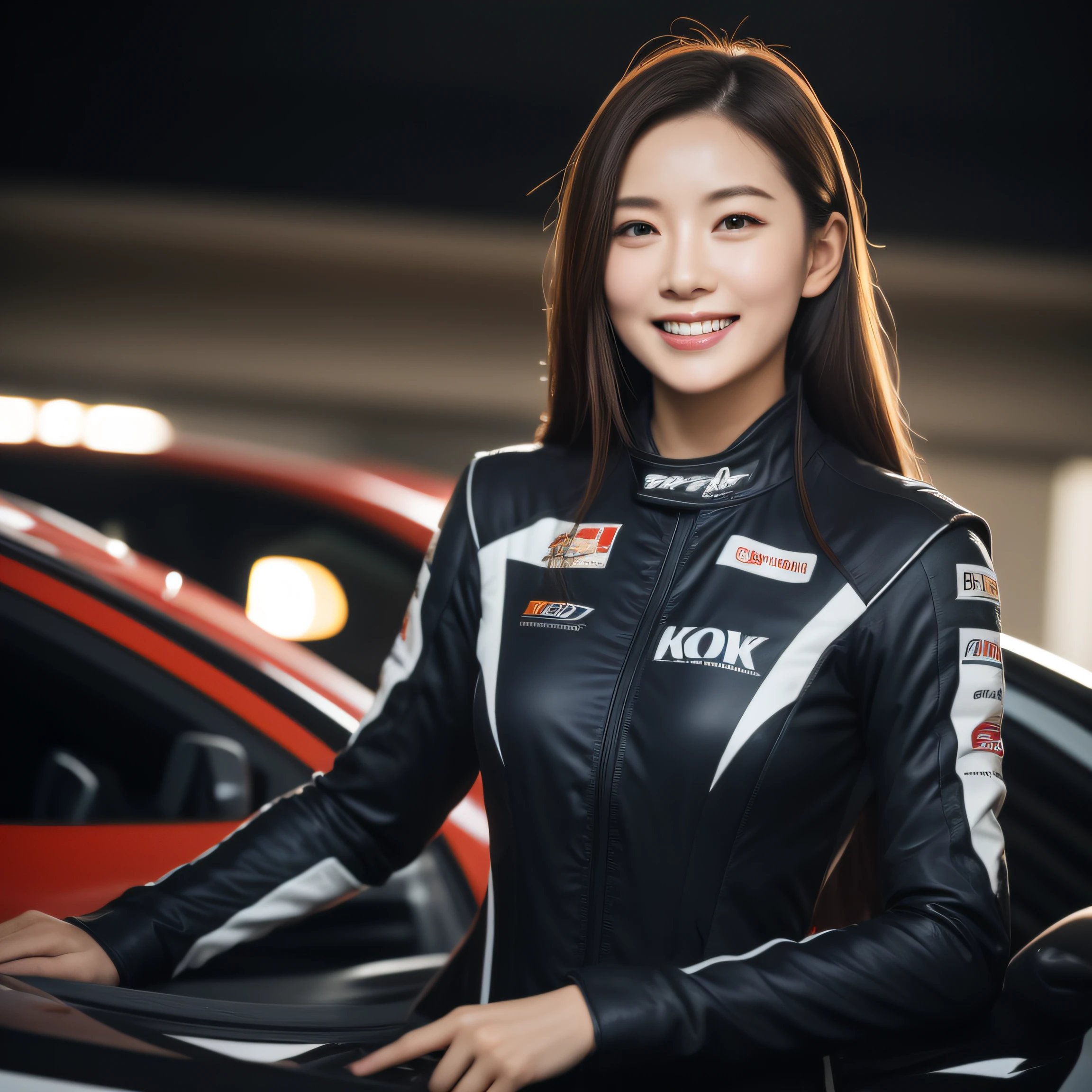 8K, masterpiece, best quality, photo realistic, ultra-detailed, 1 girl, Asian, athletic body, realistic skin texture, long hair, (breasts:1.0), (smile:1.0), gaze at viewer, (form fitting car racing suit), (no helmet), movie lighting, face focus, fine eyes, detailed face, well lit face, day light, red racing cars in background