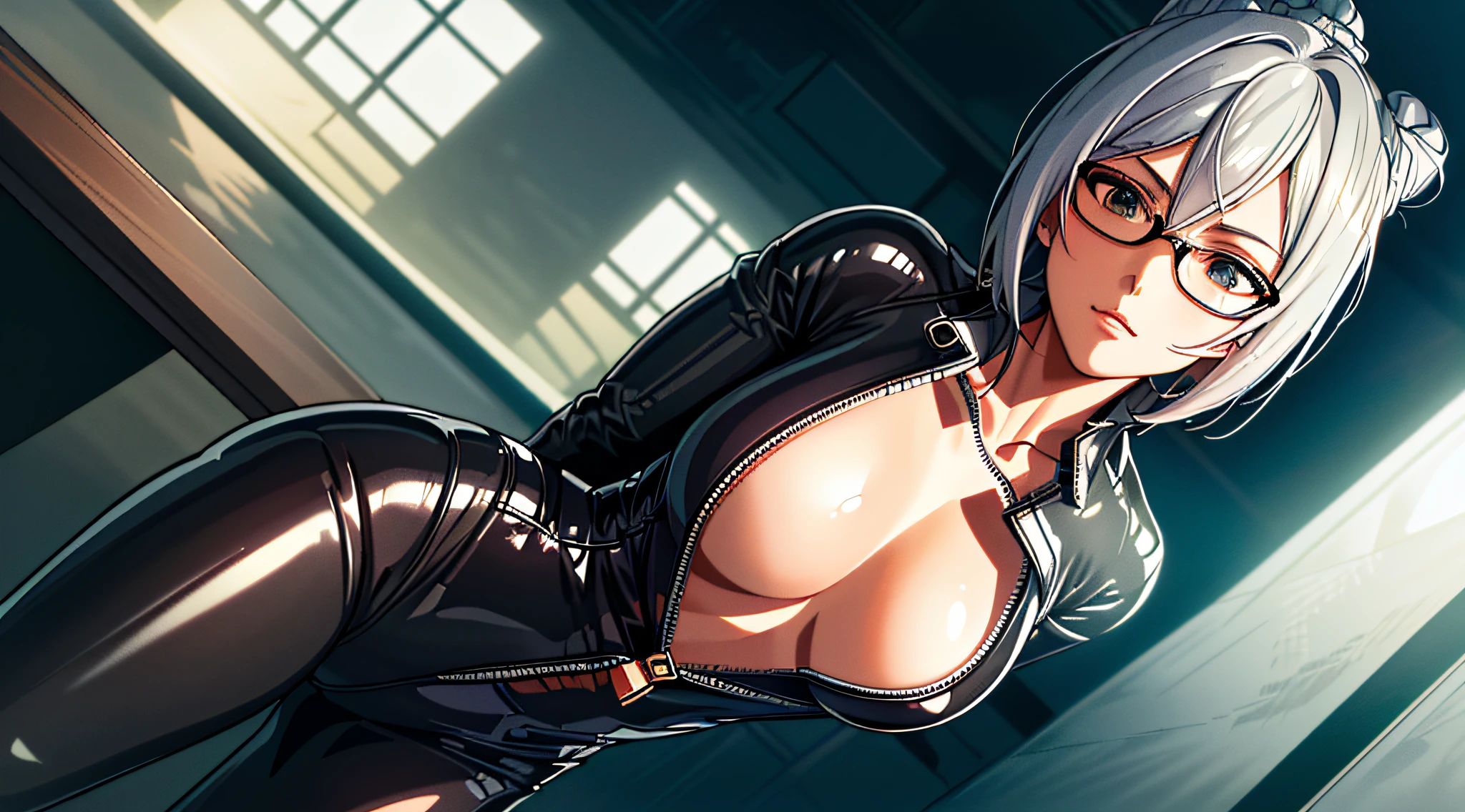 ((masterpiece,best quality, detailed)), ultra-detailed, detailed hair, hard rim lighting,((dramatic lighting)),sharp focus,
indoors, prison, dark, wet, sunbeams, from above, dutch angle,
shiraki meiko, black bodysuit, (unzipped), glasses, hair bun