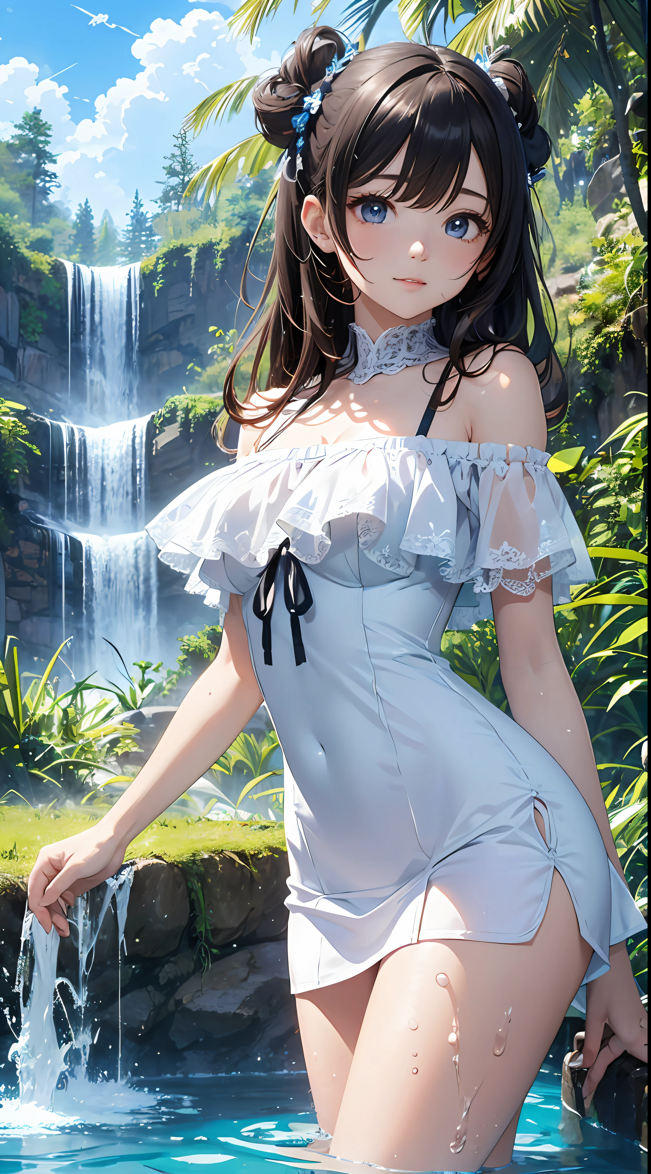 (Close-up of art style, 8K Ultra HD, masterpiece-level vista CG wallpaper), (God's perspective), (Beautiful and detailed eyes), cute anime girl, perfect slender body, off-the-shoulder shirt, tight dress, lace decoration, swimming in the pool under the waterfall, posing for photos, (underwater photography) revealing shiny smooth legs, pure eyes, smooth as a baby's face, blue sky, white clouds, her cuteness comes to life in the sun.