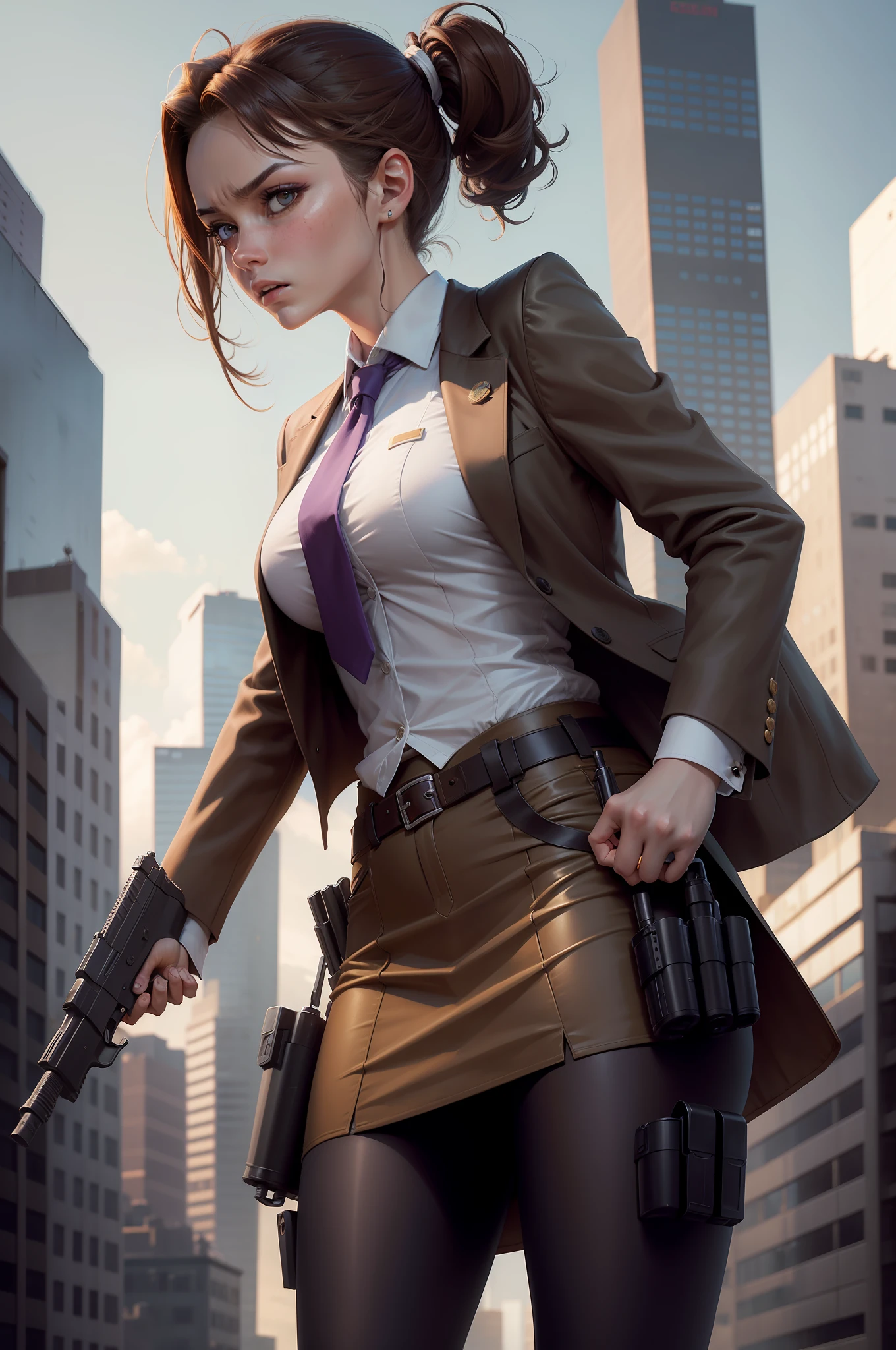 1girl, aiming and firing pistol, brown_hair, short hair, ponytail, finger_on_trigger, gun, large-caliber handgun, holding, holding_gun, holding_weapon, holster, open suit jacket, white shirt, miniskirt, (pantyhose), pencil_skirt, skirt, solo, trigger_discipline, weapon, purple eyes, dynamic action stance, grim expression, city backdrop, boots, full body character design, brown suit and tie, necktie, belt, cowboy shot