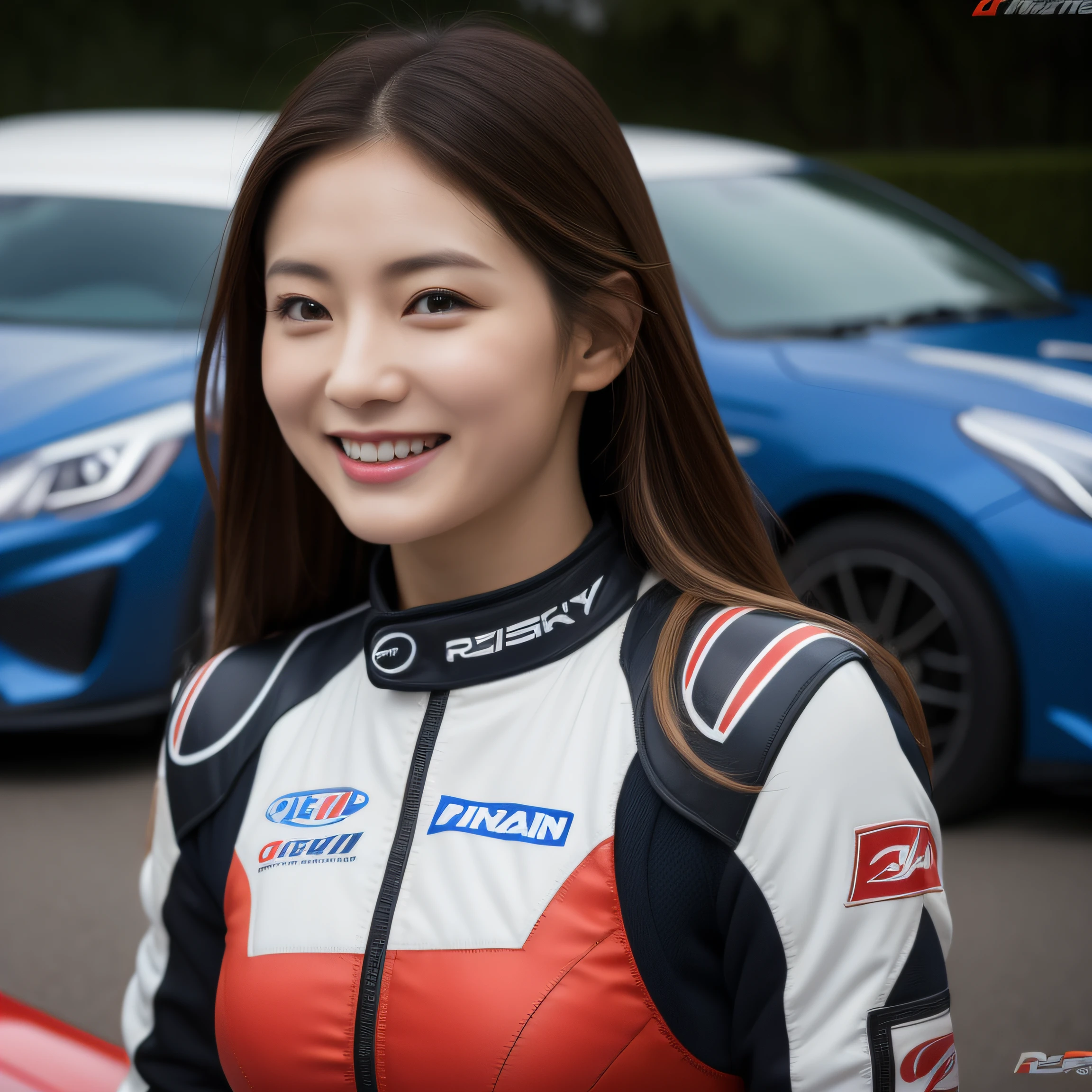 8K, masterpiece, best quality, photo realistic, ultra-detailed, 1 girl, Asian, athletic body, realistic skin texture, long hair, (breasts:1.0), (smile:1.0), gaze at viewer, (form fitting car racing suit), (no helmet), movie lighting, face focus, fine eyes, detailed face, well lit face, day light, red racing cars in background