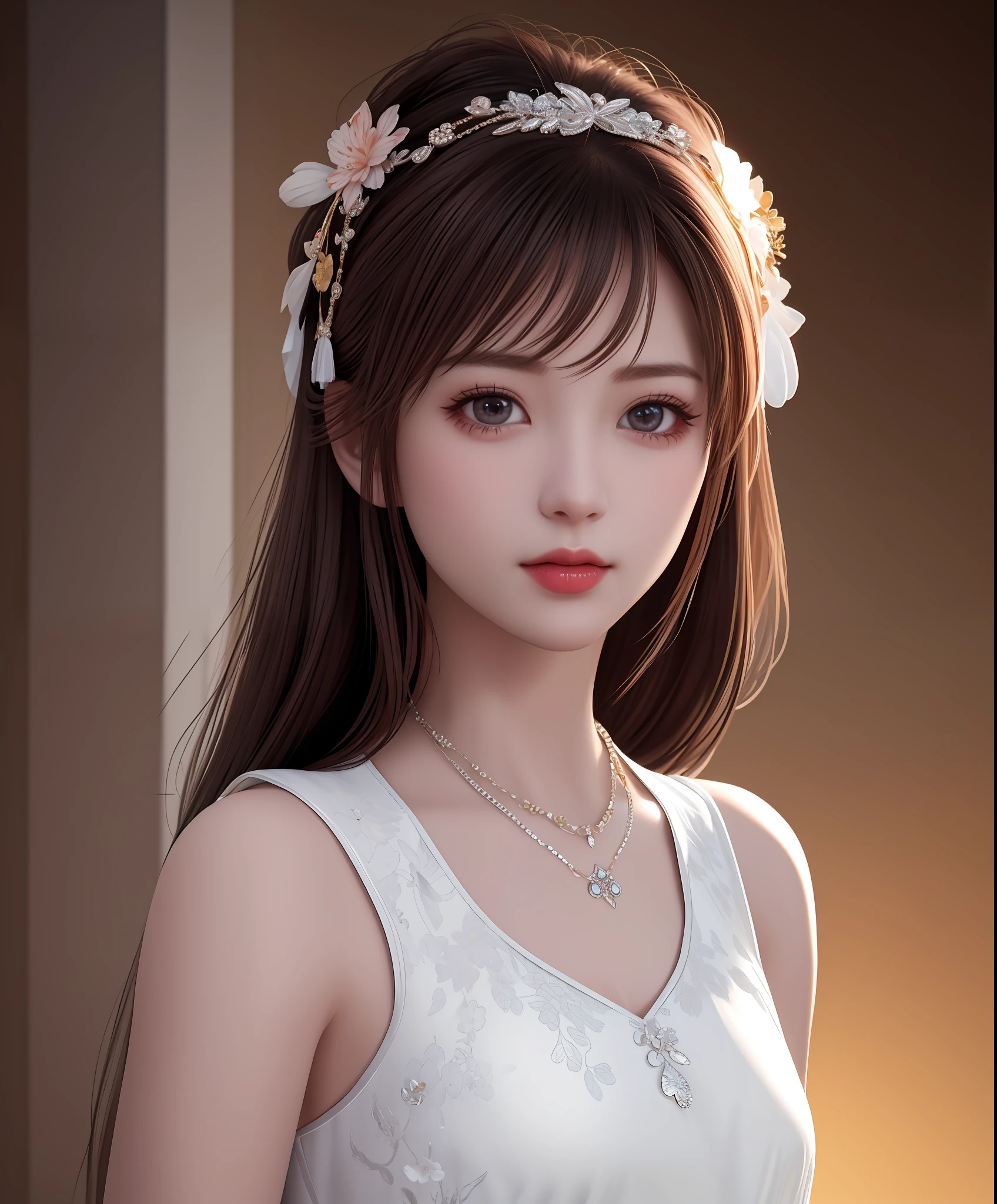 Best quality, masterpiece, high resolution, 1girl, porcelain dress, hair accessories, necklace, jewelry, beautiful face, on the body, Tyndall effect, realistic, dark studio, edge lighting, two-tone lighting, (high detail skin: 1.2), 8k UHD, dslr, soft light, high quality, volumetric light, candid, photo, high resolution, 4k, 8k, background blur,