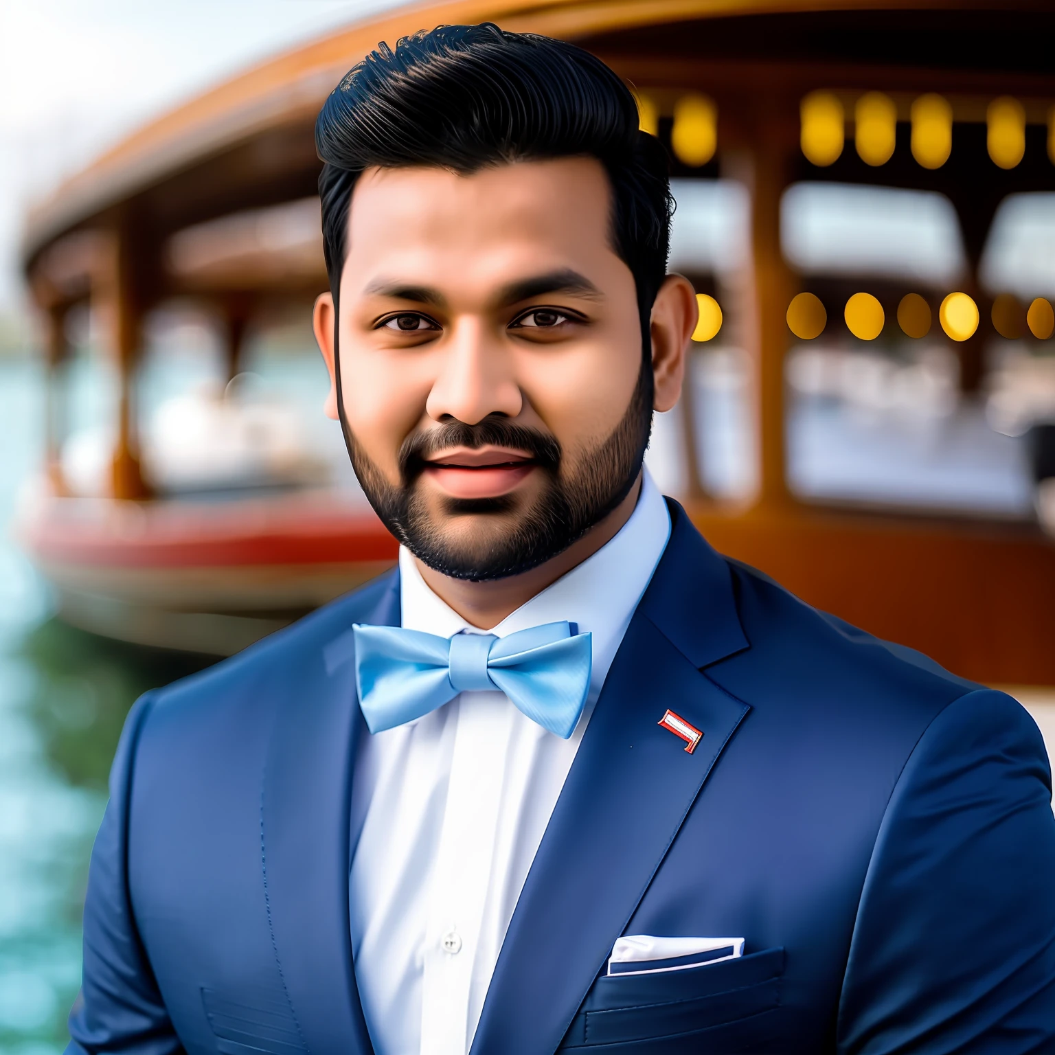 there is a man in a suit and bow tie sitting on a boat, an album cover inspired by Bikash Bhattacharjee, instagram, hurufiyya, khyzyl saleem, mohamed chahin, ash thorp khyzyl saleem, profile image, taken in the early 2020s, headshot profile picture, reddit post