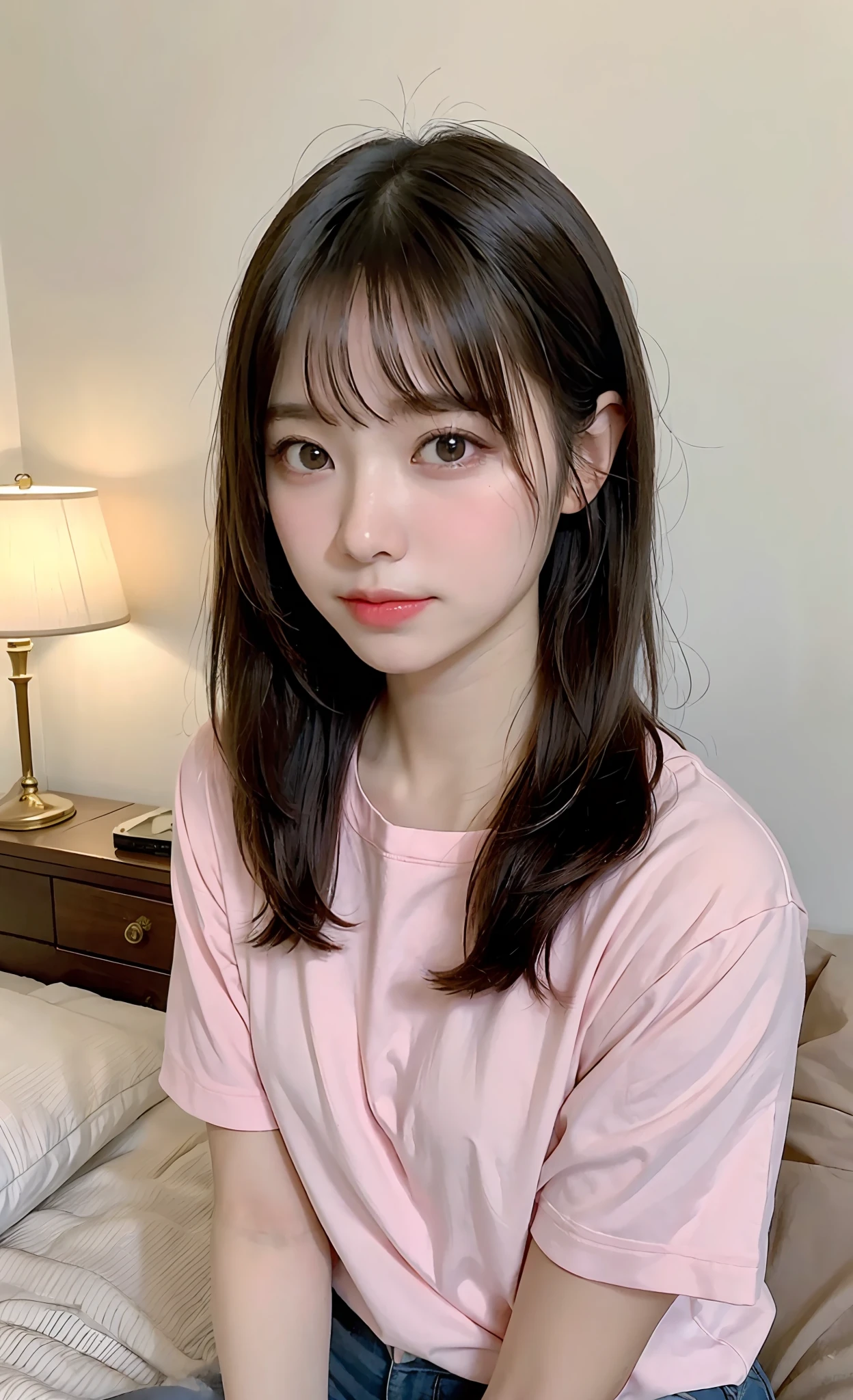 ((top-quality、in 8K、masterpies:1.3))、1girl in、Beautiful woman with slim abs accent:1.3、Super Detail Face、Delicat eyes、二重まぶた、full body Esbian、poneyTail、、20yr old、be shy、summer clothing、Brown hair、 to、Tighten hair、PINK SHIRT、a bed、Puffy cheeks