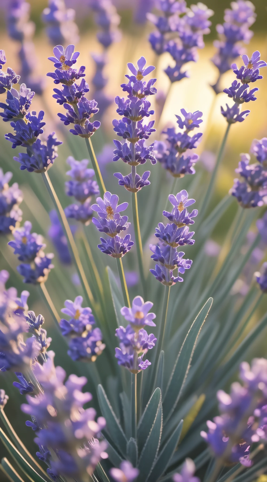 Close-ups with the theme of lavender appear,The details of a lavender plant are magnified,(Purple flowers of lavender 1.5),They bloom among the green leaves,The sun shines on the lavender,Creates a soft spot of light,The beauty of the flowers is emphasized。From the point of view,Lavender soft flowers and delicate petal texture,(Background white 1.3),Many purple lavenders grow in the bushes,Cinematic texture,beautiful flowers growing,beautiful aesthetic,Incredibly beautiful,Soft glow,beautiful flowers,flowers in full bloom,lot of flowers,