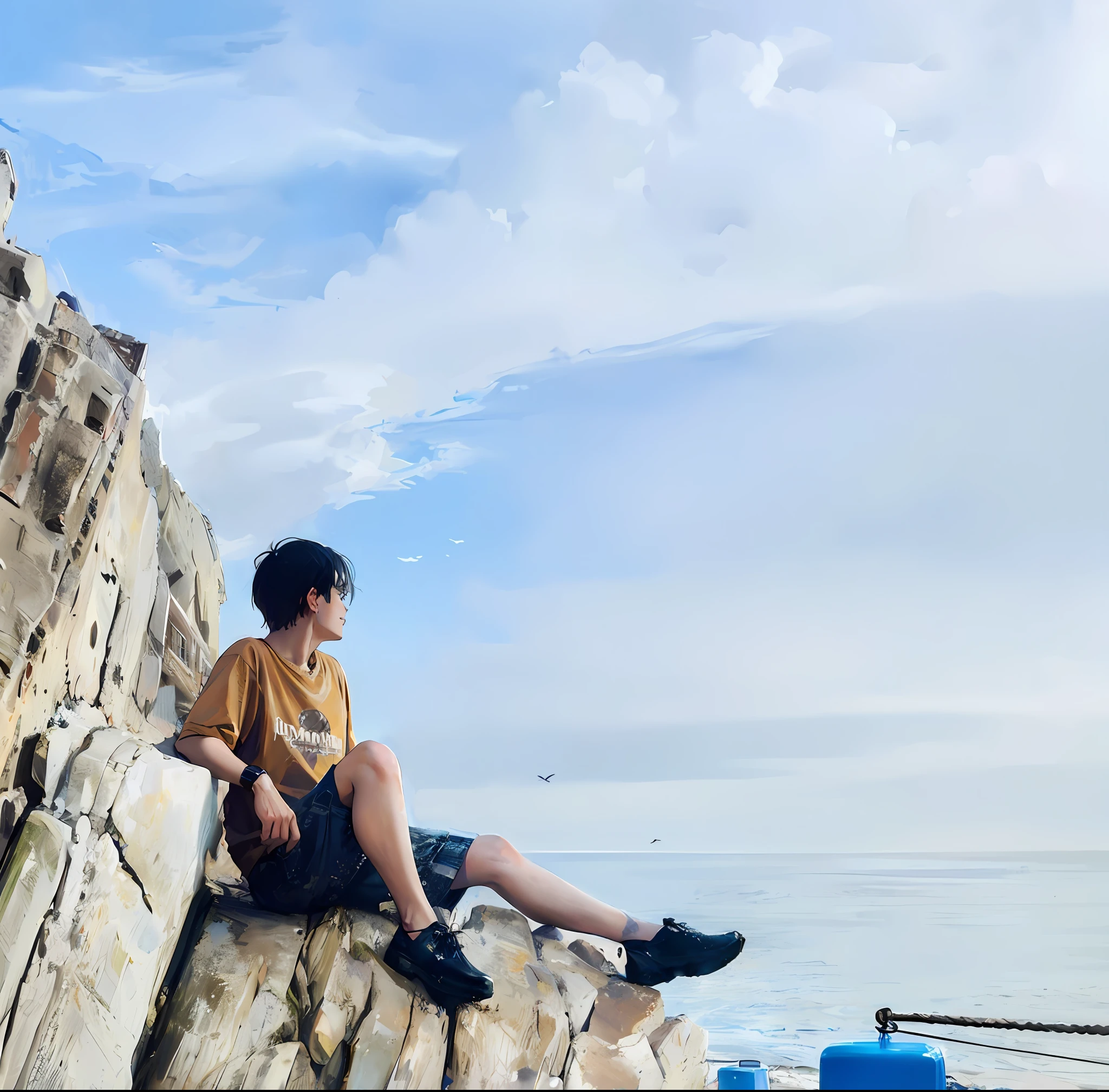 Handsome guys and beautiful women sitting on rocks by the sea looking out at the sea