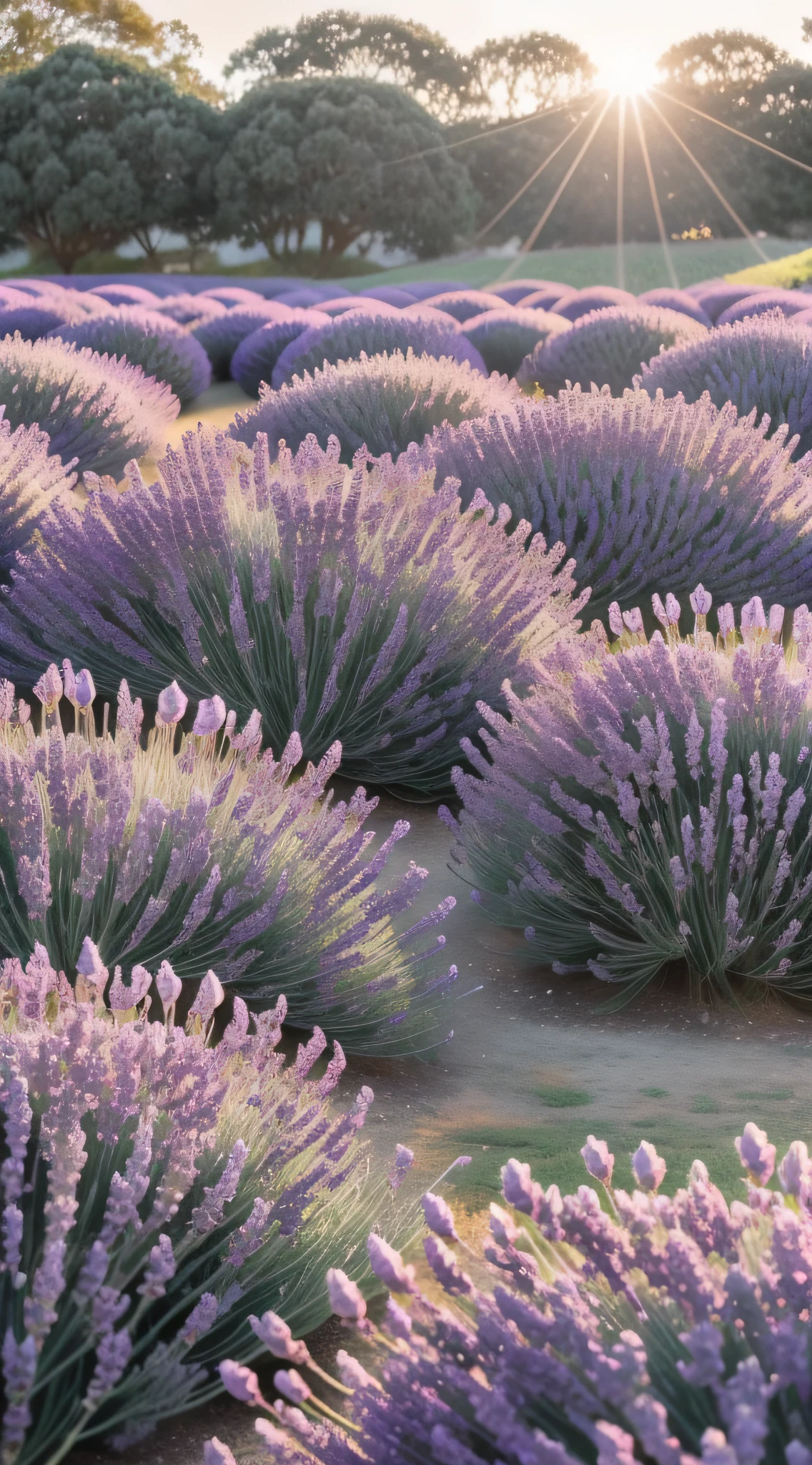 Close-ups with the theme of lavender appear，The details of a lavender plant are magnified，（Purple flowers of lavender 1.5），They bloom among the green leaves，The sun shines on the lavender，Creates a soft spot of light，The beauty of the flowers is emphasized。From the point of view，Lavender soft flowers and delicate petal texture，（Background white 1.3）,Many purple lavenders grow in the bushes，Cinematic texture，beautiful flowers growing，beautiful aesthetic，Incredibly beautiful，Soft glow，beautiful  flowers，flowers in full bloom，lot of flowers，