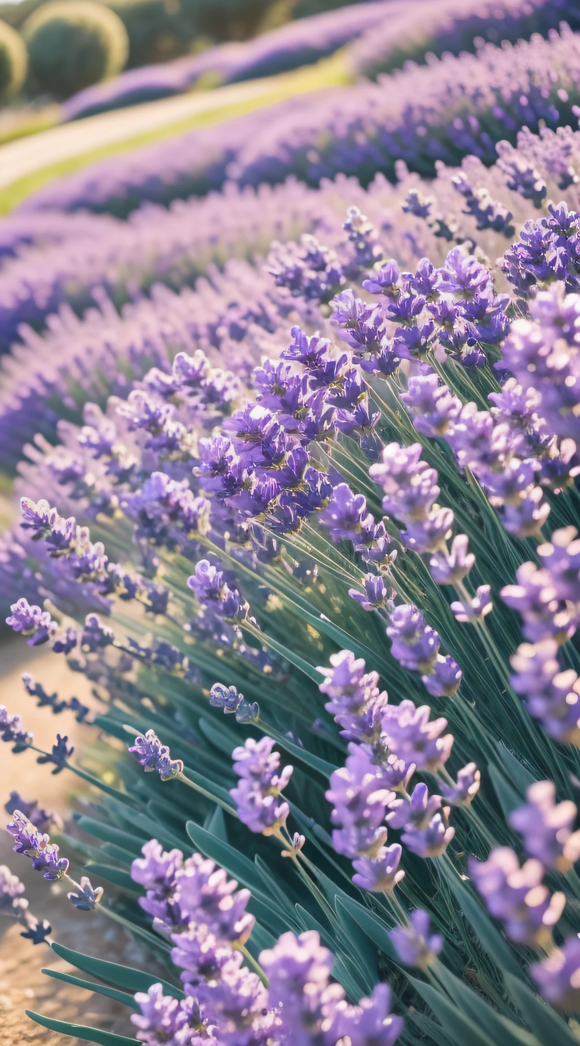 Close-ups with the theme of lavender appear,The details of a lavender plant are magnified,(Purple flowers of lavender 1.5),They bloom among the green leaves,The sun shines on the lavender,Creates a soft spot of light,The beauty of the flowers is emphasized。From the point of view,Lavender soft flowers and delicate petal texture,(Background white 1.3),Many purple lavenders grow in the bushes,Cinematic texture,beautiful flowers growing,beautiful aesthetic,Incredibly beautiful,Soft glow,beautiful flowers,flowers in full bloom,lot of flowers,