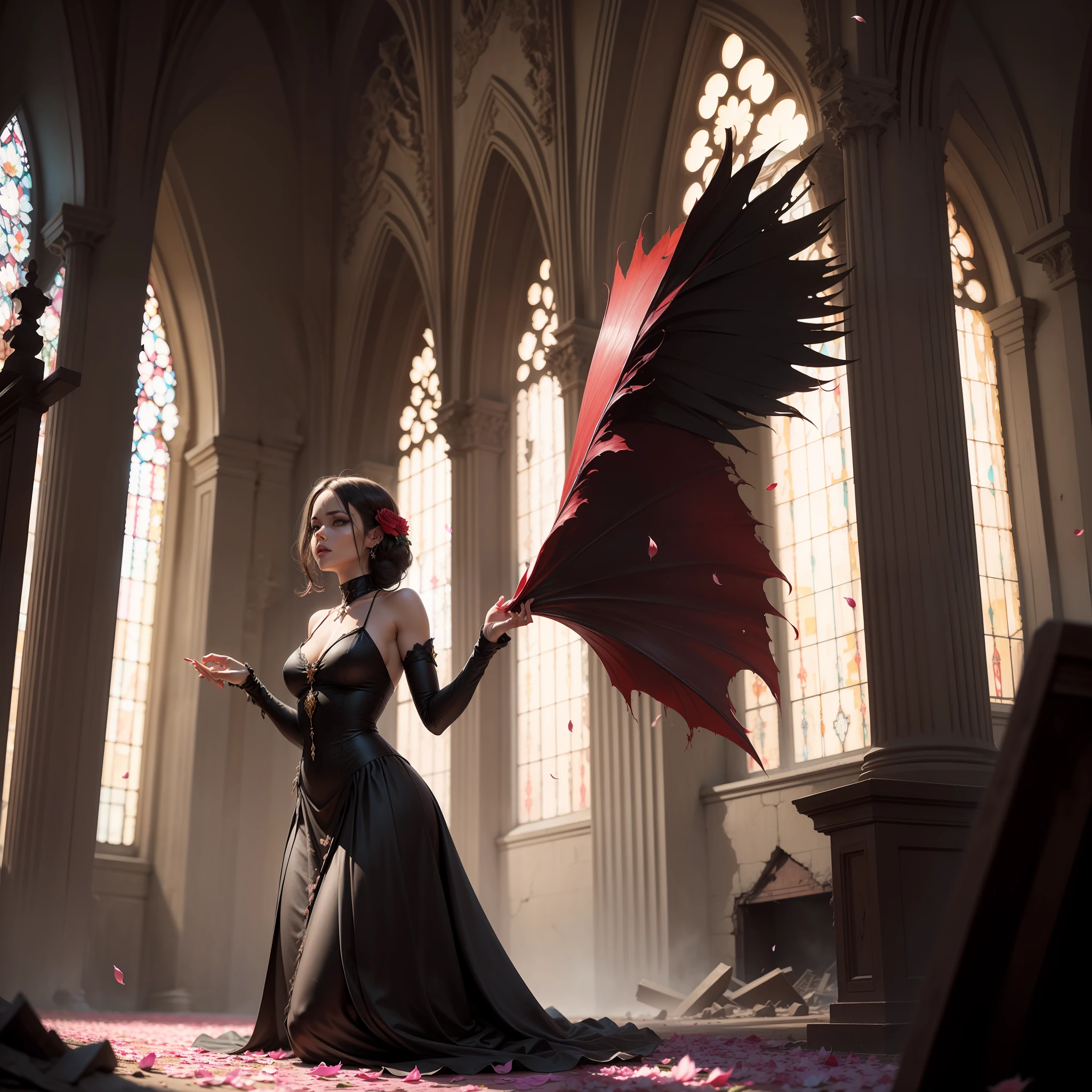 Mulher com roupa de Freira flor de sangue , sangue, flores, realista, art, dark art, rosas, igreja, Destroyed buildings, petals flying, macabro