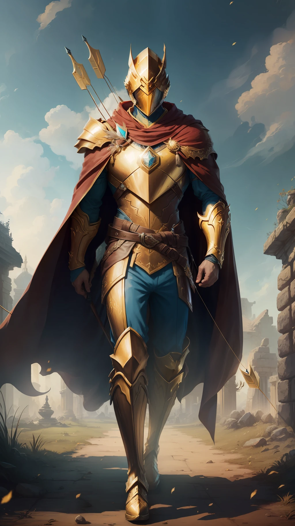 King Glory Houyi Gold Warframe Machinery,(heroic look),(Best Picture Quality),Higher quality,超高分辨率,(8K分辨率),high detal,first person perspective,Delicate facial features,Hold a bow and arrow,(Magic Arrow),male people,solo person,Sharp sight,Gold armor,Carry an arrow sac,(Brave),long hair flowing,(Dressed in gorgeous gear),(golden cape),(boots),Extraordinary steps,(Heavenly Soldiers),Sunlight shines into the background,(Remains of a mysterious civilization),(spectacular),(old),(magnifica),(A mysterious place full of surprises)。 --auto