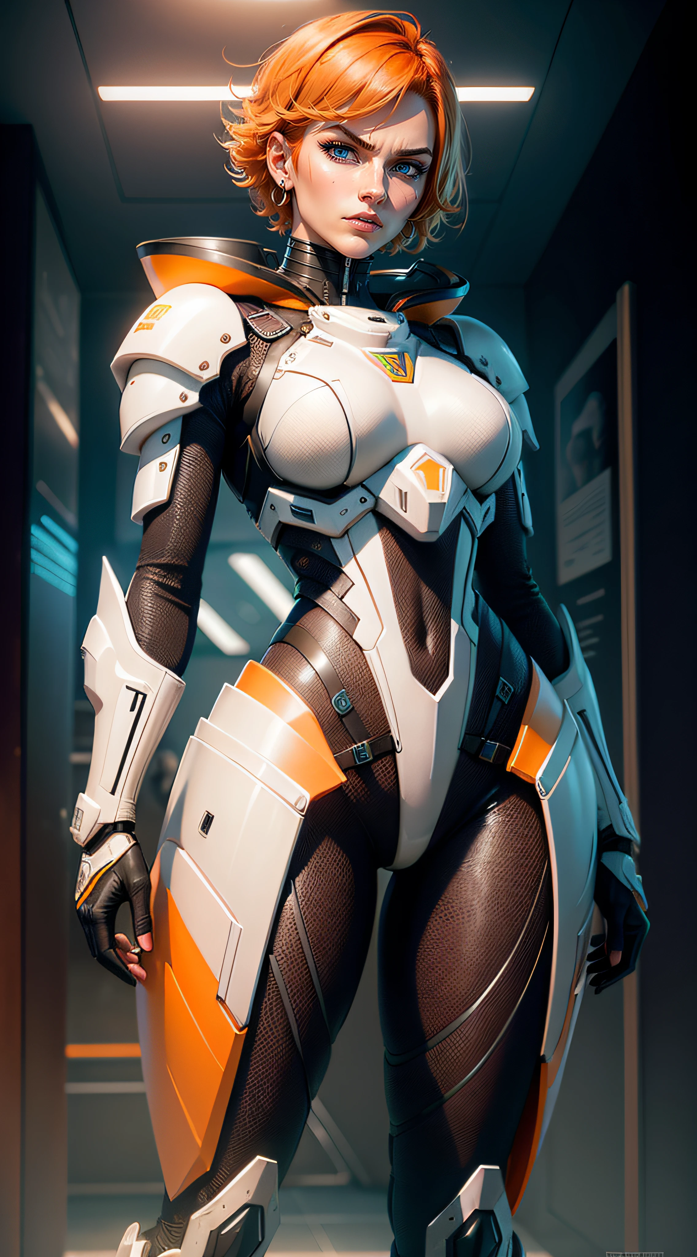 26 years old, imposing facial expression, short hair, orange hair, side shaved, hyper realistic face, highly detailed, blue eyes, vivid colors, dramatic colors, vaporwave, Coloring, Foaming, ArtStation Painting, 110,781,000,000 pixel resolution