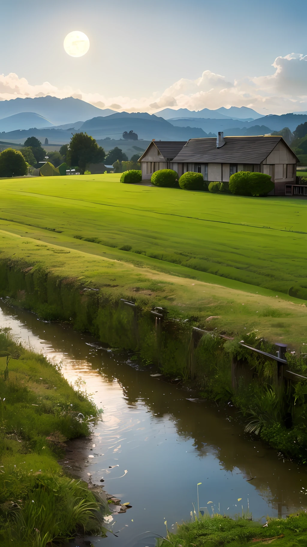 Moonlight shone on the path of the field，Old house on the edge of the field，Green meadows，small bridge flowing water，In the distance are mountains， --auto