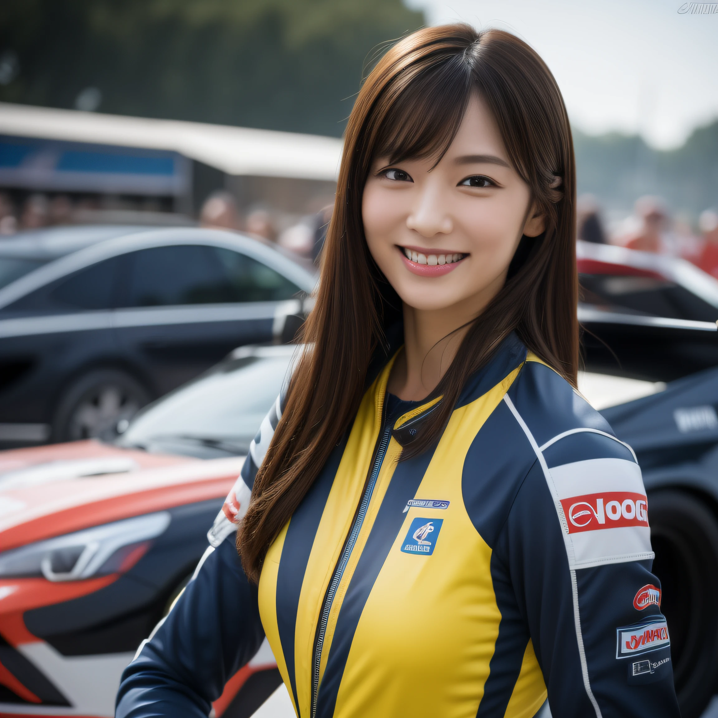 8K, masterpiece, best quality, photo realistic, ultra-detailed, 1 girl, Asian, athletic body, realistic skin texture, long hair, (breasts:1.0), (smile:1.0), gaze at viewer, (form fitting car racing suit), (no helmet), movie lighting, face focus, fine eyes, detailed face, well lit face, day light, yellow racing cars in background