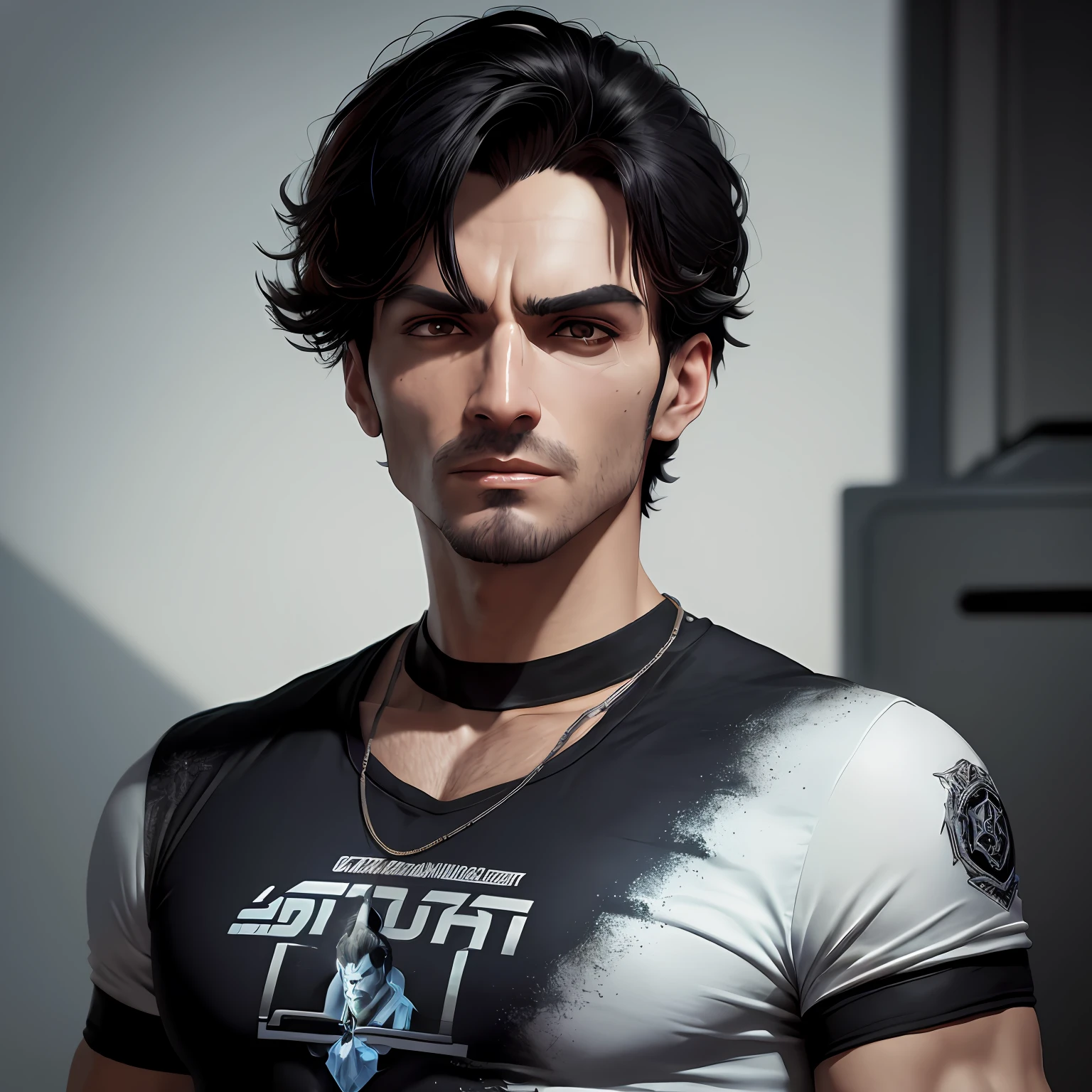 There's a man in a black and white shirt and a necklace, Anton Fadeev 8 K, como personagem em tekken, como personagem de overwatch, inspirado em Adam Dario Keel, cinematic bust shot,