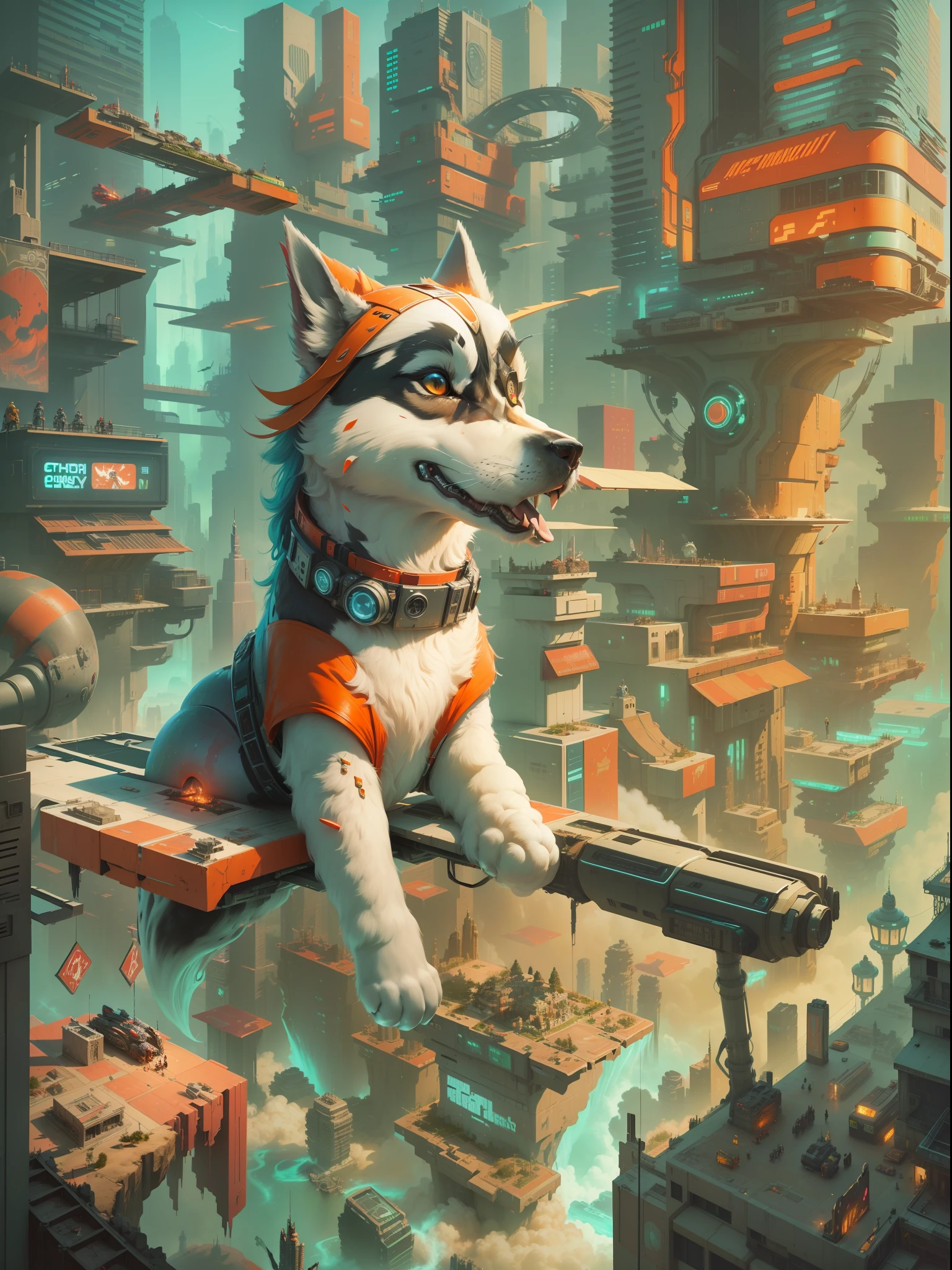 Anthropomorphic, Futuristic Cyberpunk City, Haughty Husky, Scorching Heat, Labor Day Holiday, Tourist Attractions, Culinary Delights, Twisted Architecture, Energetic Celebrations, Vibrant Futurism, Extravagant Festivities, High-Tech Marvels, Dystopian Landscape, Cool Treats
