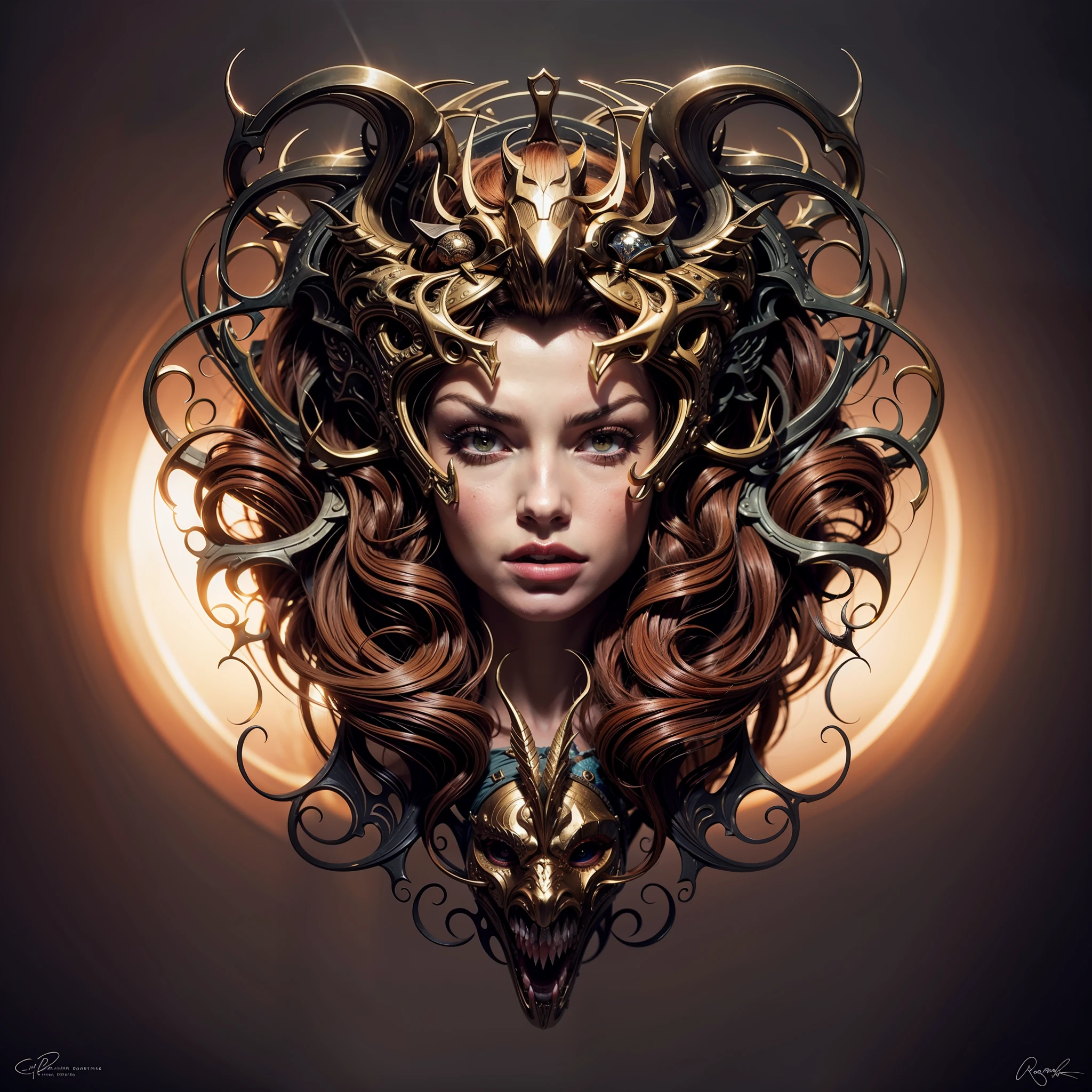 A painting of a woman with horns, Goddess. Extremely high detail, portrait of demon girl, beautiful female gorgon, anna dittmann, extremely detailed goddess shot, Intricate portrait design, A beautiful artwork illustration, author:Chris Rahn, portrait of a female demon