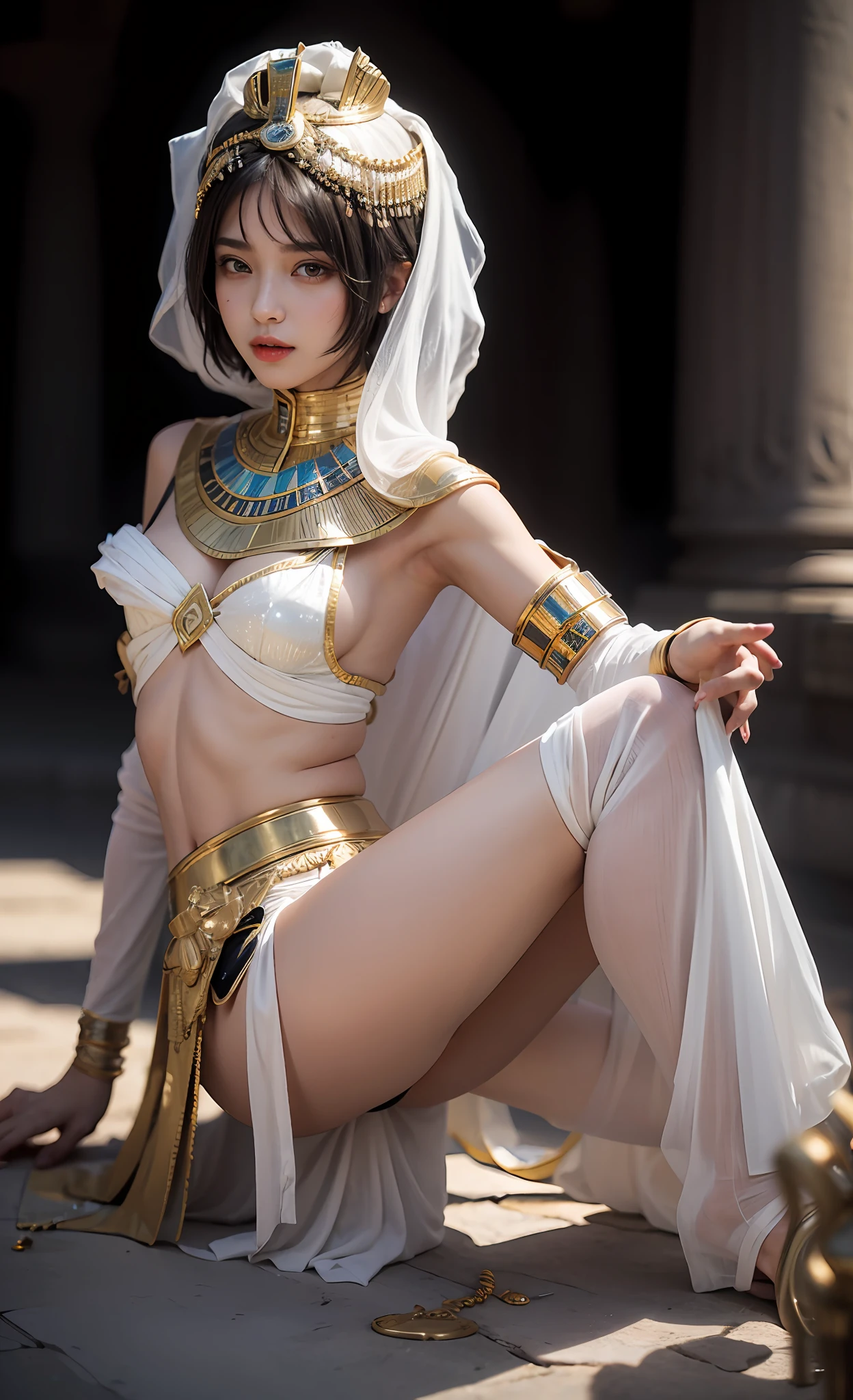 ((best qualtiy)), ((tmasterpiece)), (the detail:1.4), 3D,Complete body， Beautiful mature woman in ancient Egyptian style，short detailed hair，The  is ，（Exquisite and simple ancient Egyptian clothing，a white long skirt：1.9），（Wheat-colored skin：1.6），（Ancient Egyptian temples，Ancient Egyptian temples：1.6），Metallic sequins，estilo fantasia,closeup of face,Extremely normal hands,Extremely normal legs,hdr（HighDynamicRange）,Ray traching,NVIDIA RTX,Hyper-Resolution,Unreal 5,Subsurface scattering、PBR Texture、post-proces、Anisotropy Filtering、depth of fields、maximum definition and sharpness、Many-Layer Textures、Albedo e mapas Speculares、Surface coloring、Accurate simulation of light-material interactions、perfectly proportions、rendering by octane、Two-colored light、largeaperture、Low ISO、White balance、the rule of thirds、8KRAW、