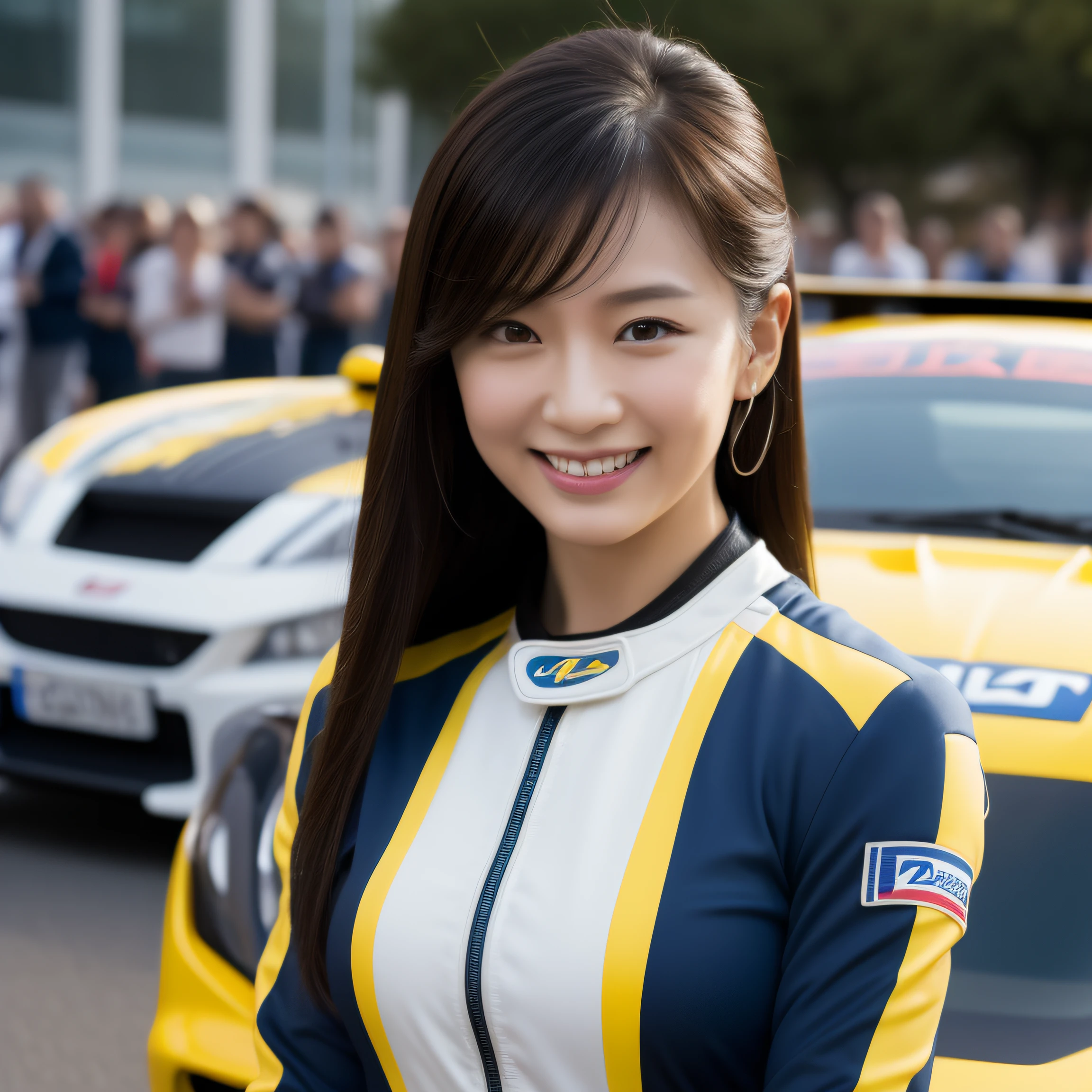 8K, masterpiece, best quality, photo realistic, ultra-detailed, 1 girl, Asian, athletic body, realistic skin texture, long hair, (breasts:1.0), (smile:1.0), gaze at viewer, (form fitting car racing suit), (no helmet), movie lighting, face focus, fine eyes, detailed face, well lit face, day light, yellow racing cars in background