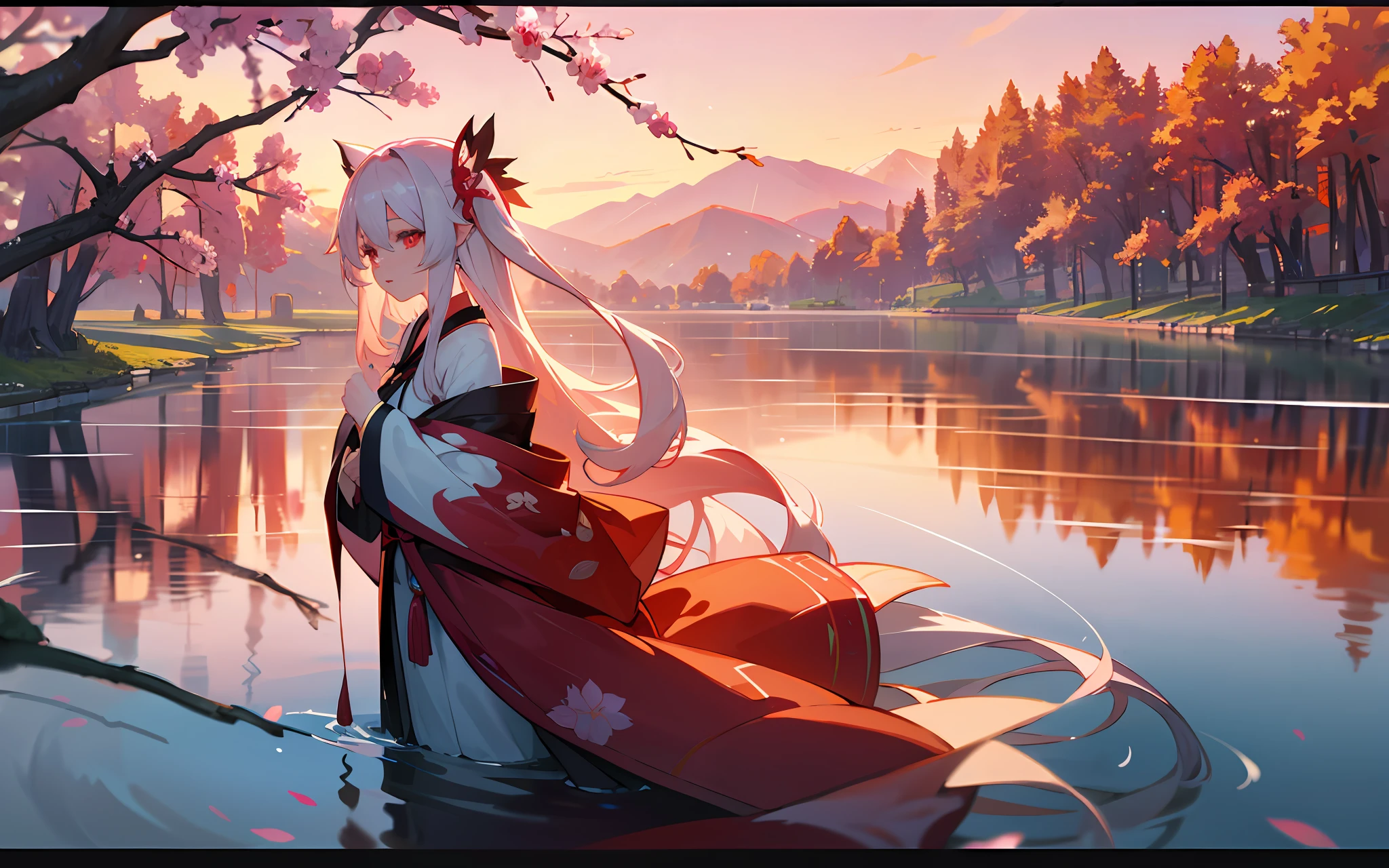 Anime girl with dragon on the water, Anime style 4k, onmyoji, Popular on ArtStation and Pixiv, 8K Anime Art Wallpapers, onmyoji detailed art, white-haired god, 4k anime wallpapers, Anime girl walking on water, beautiful anime art, Peaceful anime scene。