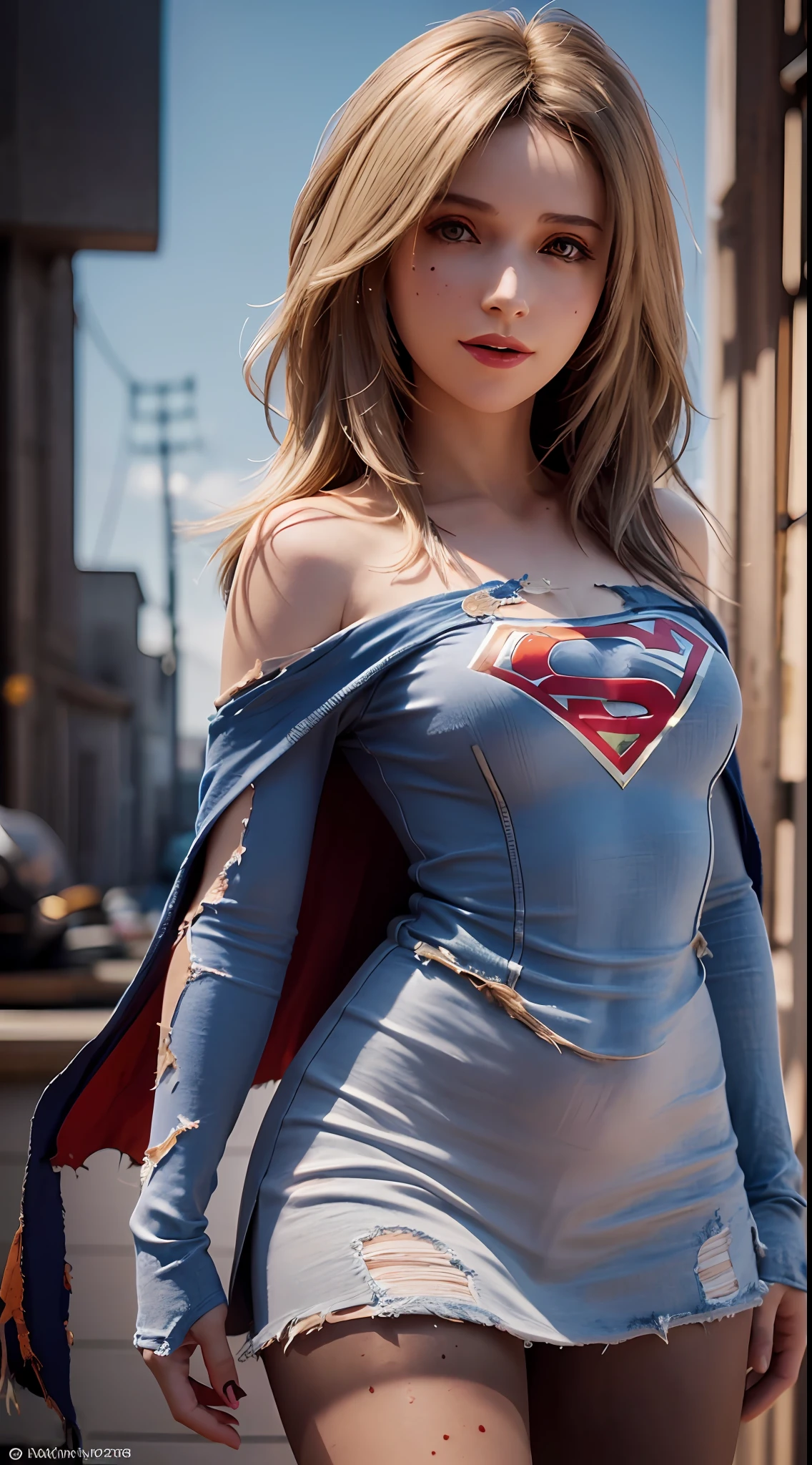 8k, best quality, real picture, intricate details, ultra-detailed, ultra highres, depth field,(photorealistic,realistic:1.2),masterpiece,photo of  european girl, supergirl, (bruise, dirty, torn clothes, revealing clothes, blood:1.3), blue eyes, blonde hair, long hair, ripped cape, ripped pantyhose, superhero, solo, sun, blue sky,
best quality, realistic, photorealistic, (intricate details:1.2), (delicate detailed), (cinematic light), clear line, sharp focus, realistic face, detailed face,
unity 8k wallpaper, ultra high res, (photorealistic:1.4), looking at viewer