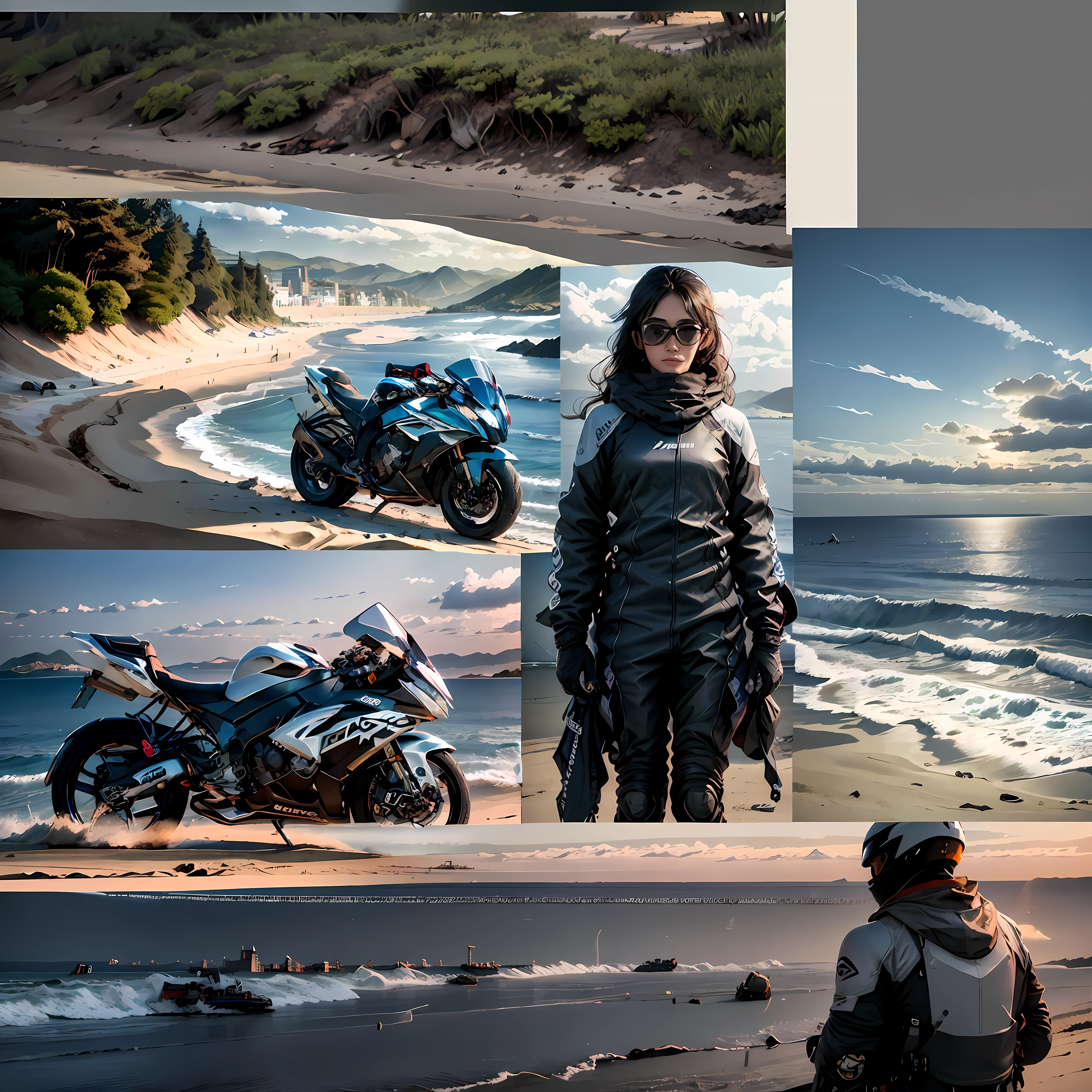the motorcycle,Beach by the sea in the background,There is sun shine,There are waves ,Advancedsense