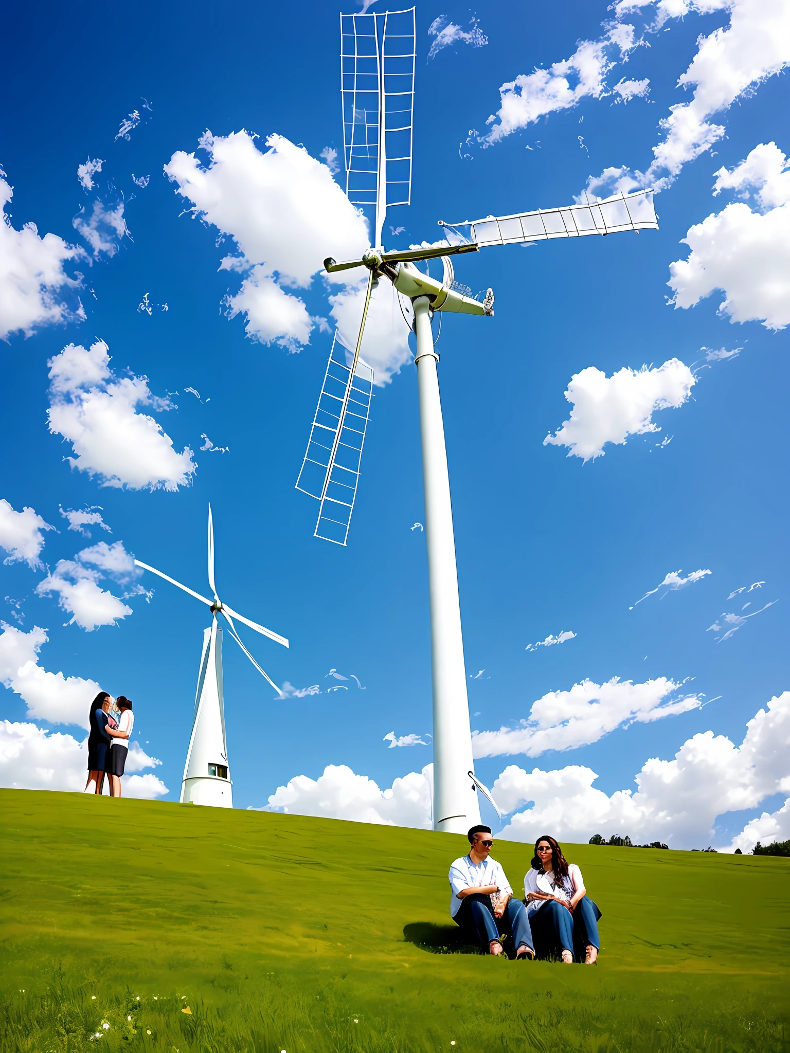 There is a couple in the lawn windmill below the sky above