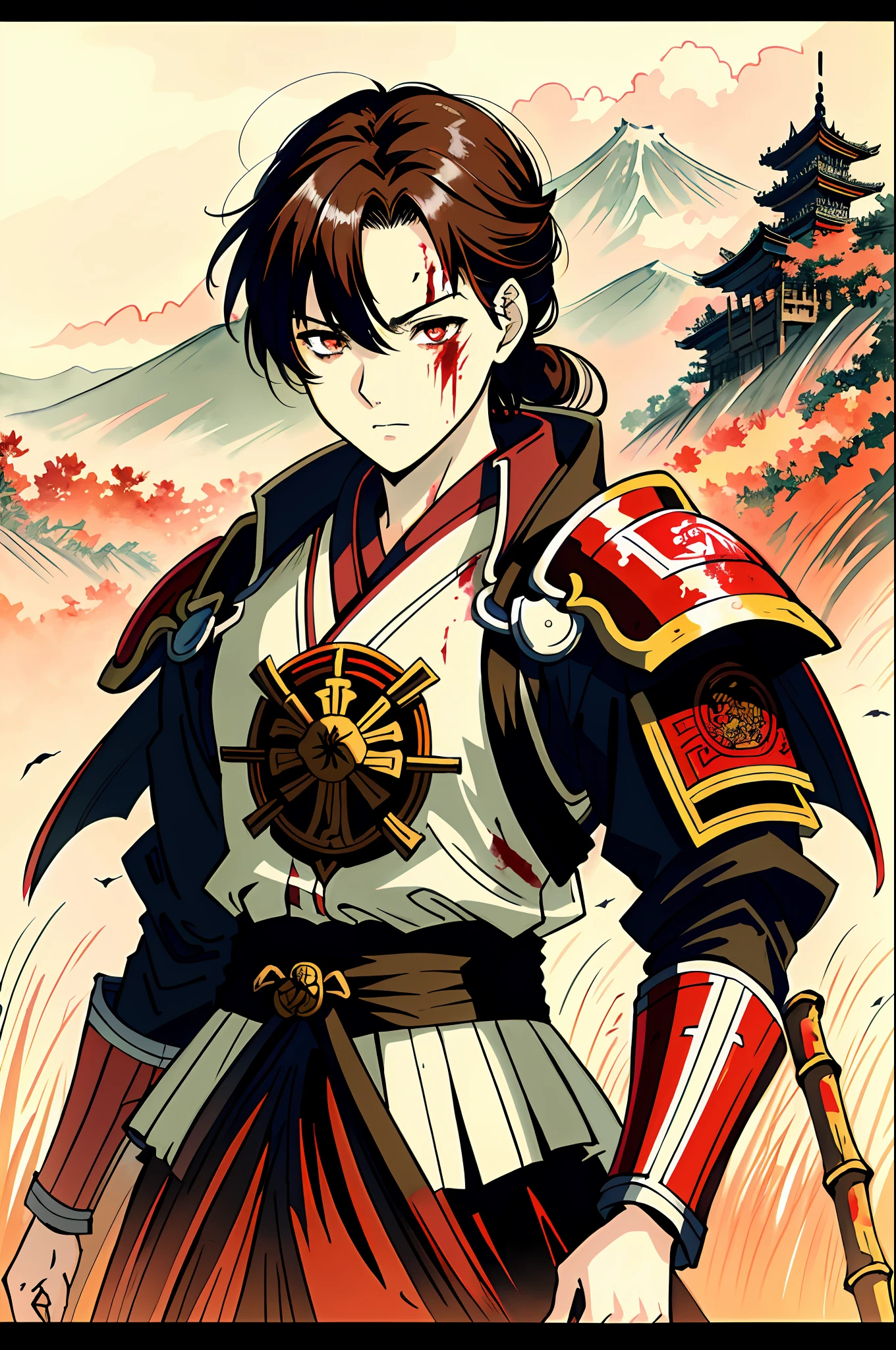 Beautiful anime girl.Medium chest，black in color, Red and white samurai armor, On a battlefield, Chinese field in the background, Detailed eyes, Full-body, Monochrome red filter color, Warm light, Bamboo cane, Realistic bamboo, Family crest, Coat of arms of Japan, HD armor, Anime, The art of Peter Morebach, art by Yoji Shinkawa, The face of war, Blood on the face,  Japanese tattoo on the face,