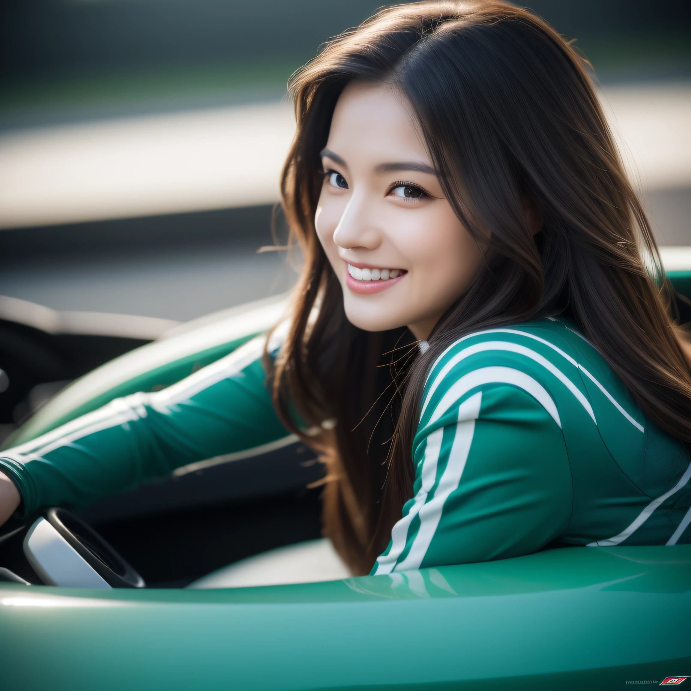 8K, masterpiece, best quality, photo realistic, ultra-detailed, 1 girl, Asian, athletic body, realistic skin texture, long hair, (breasts:1.0), (smile:1.0), gaze at viewer, (form fitting car racing suit), (no helmet), movie lighting, face focus, fine eyes, detailed face, well lit face, day light, green racing cars in background
