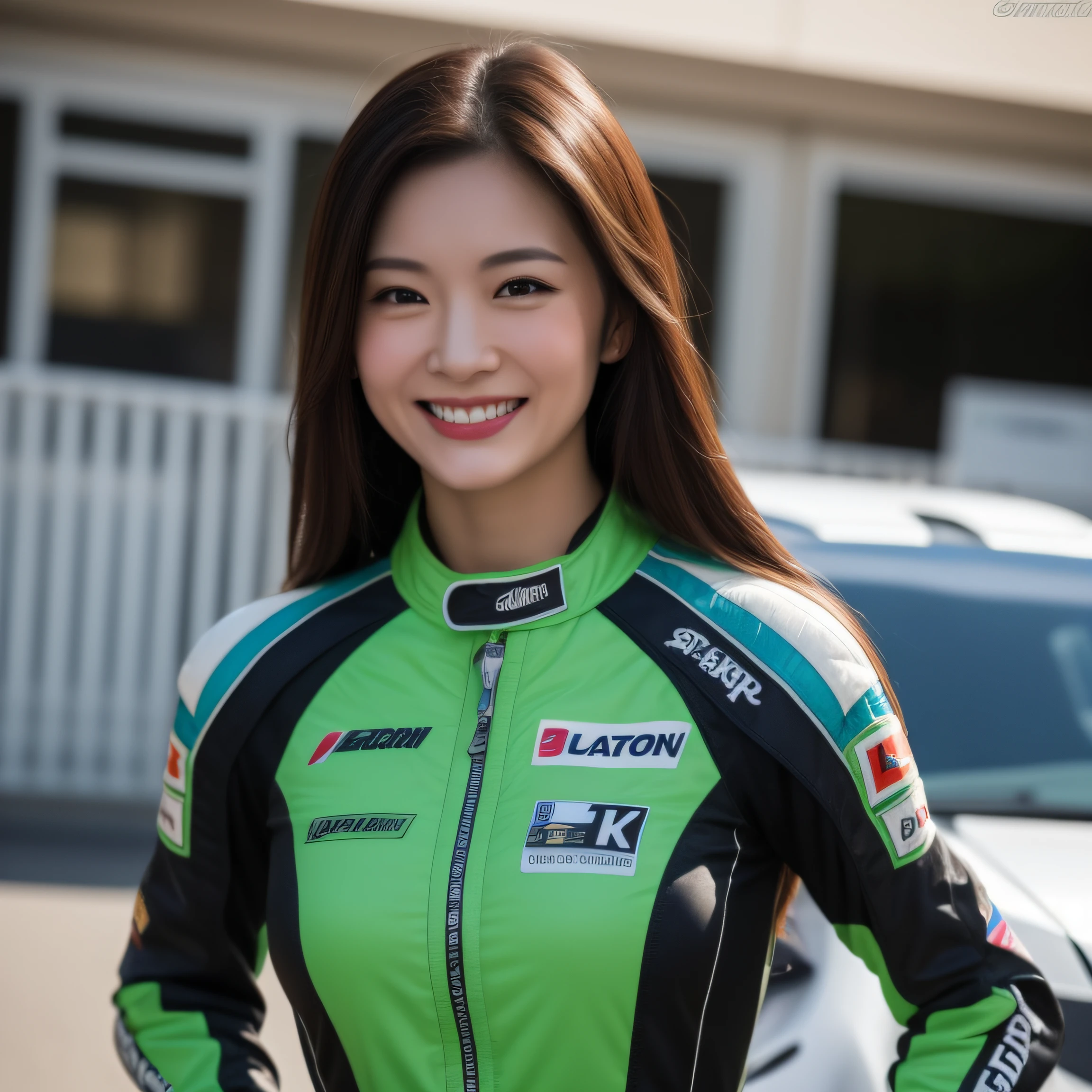8K, masterpiece, best quality, photo realistic, ultra-detailed, 1 girl, Asian, athletic body, realistic skin texture, long hair, (breasts:1.0), (smile:1.0), gaze at viewer, (form fitting car racing suit), (no helmet), movie lighting, face focus, fine eyes, detailed face, well lit face, day light, green racing cars in background