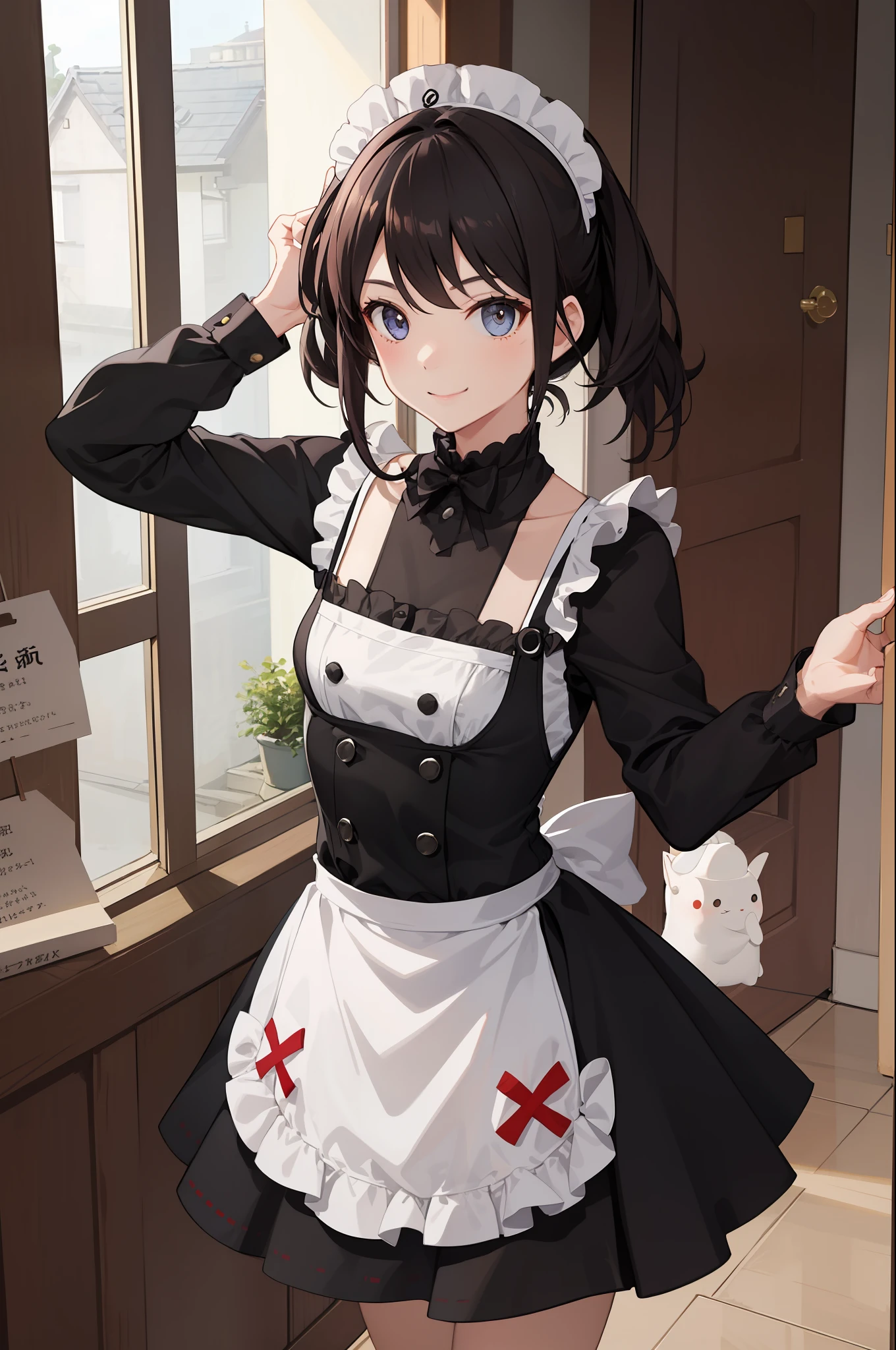 1girl in、A smile、A delightful、skirt by the、(small tits)Chilarism、doress、pinafore,,,,,,、Maids,,,,,,,,、hair adornments、movement、