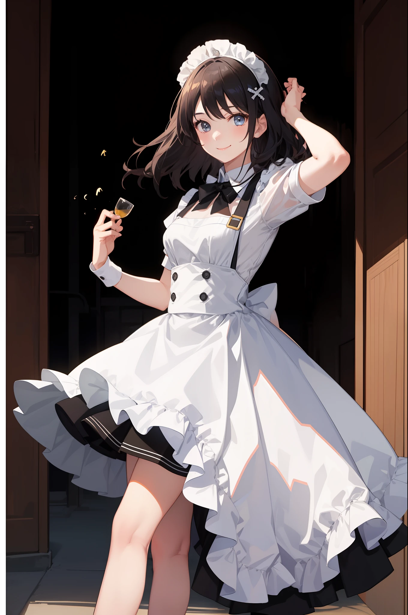 1girl in、A smile、A delightful、skirt by the、(small tits)Chilarism、doress、pinafore,,,,,,、Maids,,,,,,,,、hair adornments、movement、