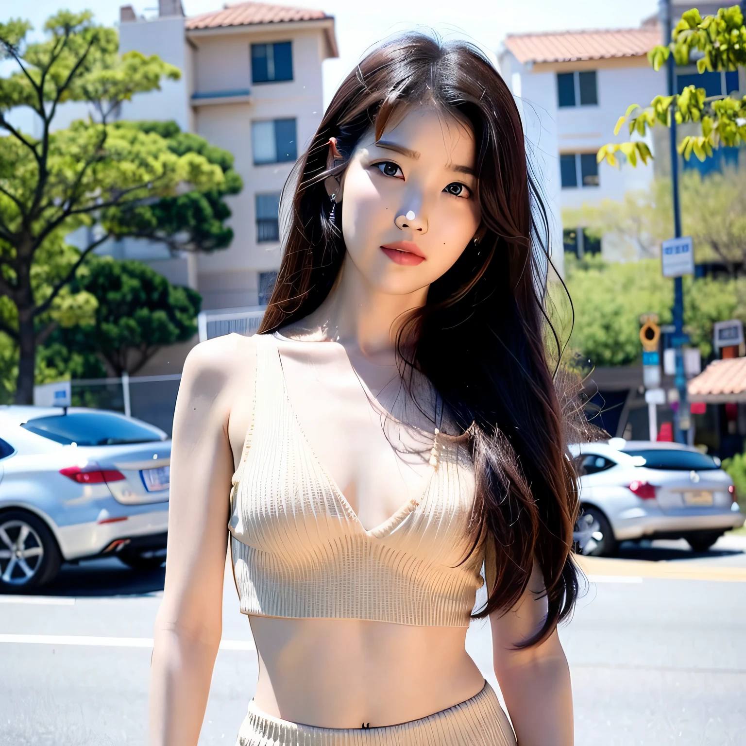 ((Realistic lighting, Best Quality, 8K, masutepiece: 1.3)), Clear focus: 1.2, iu、1girl in, Perfect Body Beauty: 1.4, Slim abs: 1.1, ((dark brown hair)), undergarment、(White crop top: 1.4), (plein air, Night: 1.1), City Street, Super fine face, Fine eyes, Double eyelids, iu, k pop