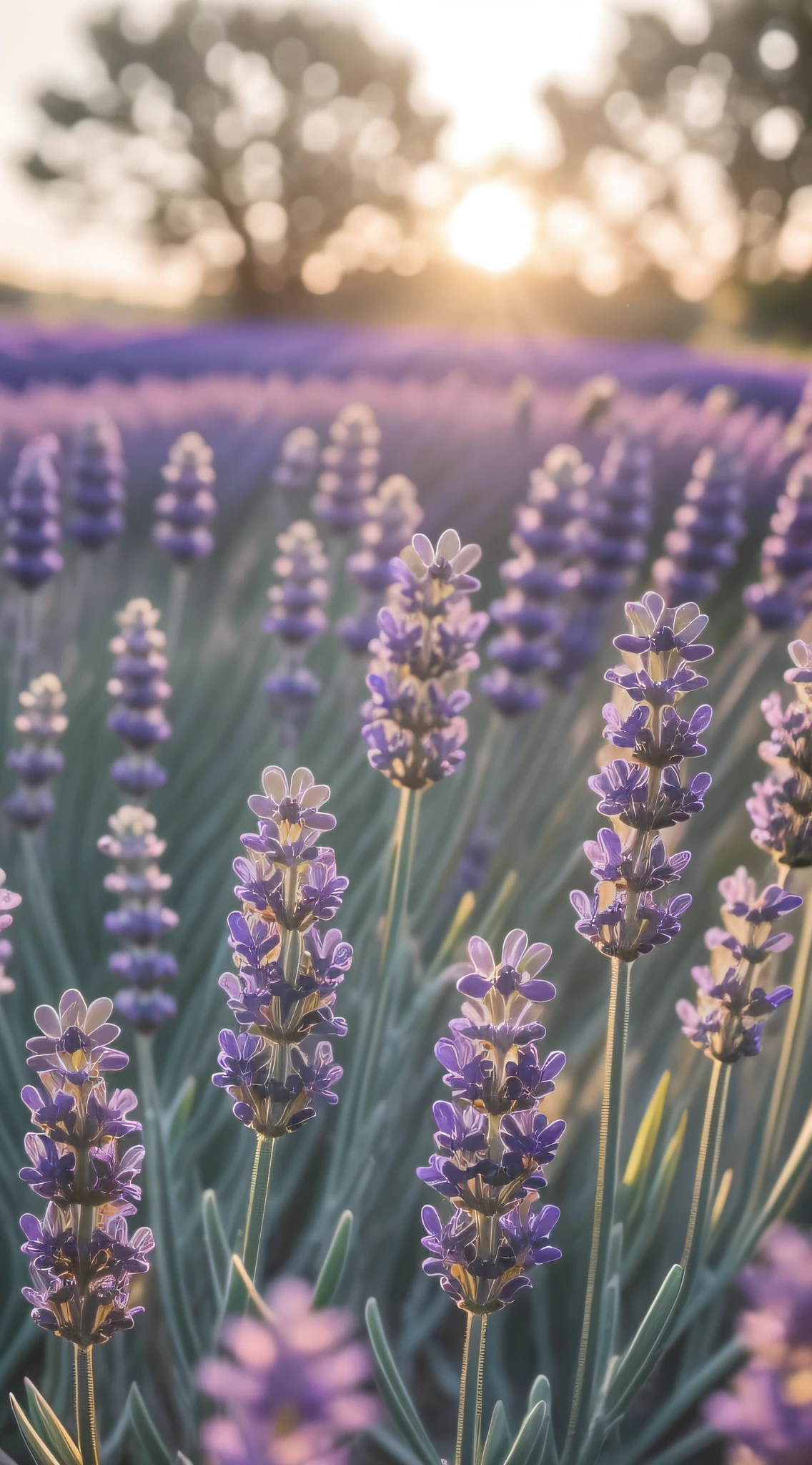 A close-up of the lavender-themed one appears，The details of the lavender plant are magnified，（Purple lavender flower 1.5），They bloom in green leaves，The sun shines on the lavender，Create soft spots of light，Emphasize the beauty of the flowers。From the point of view，Lavender soft flowers and delicate petal texture，（Background white 1.3）,Many purple lavenders grow in the bushes，Cinematic texture，beautiful flowers growing，beautiful aesthetic，Incredibly beautiful，Soft glow，beautiful  flowers，flowers in full bloom，lot of flowers，