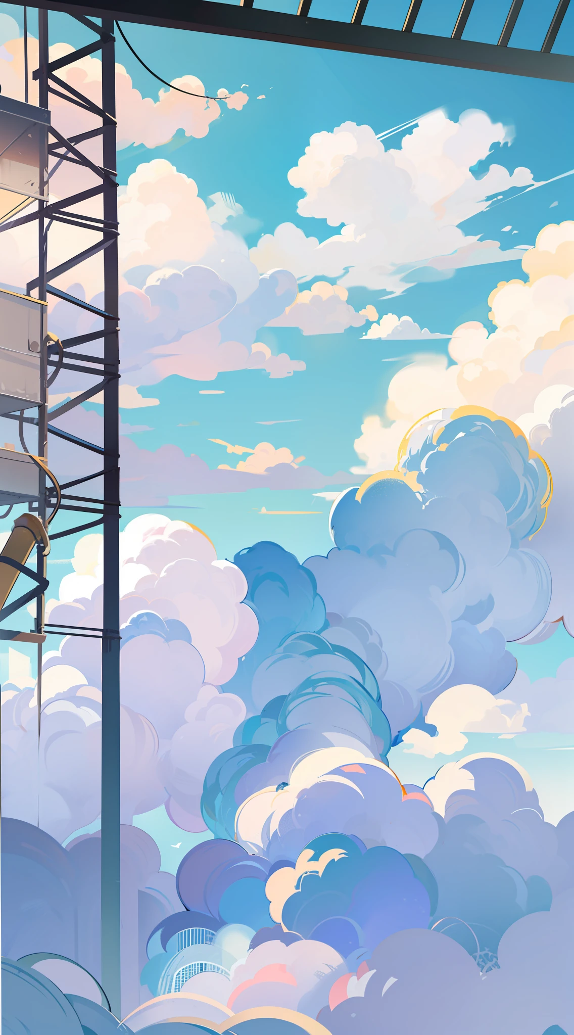 2d anime bg, only sky, a few cloud, pastel, bright tone, simple bg, no details, just simple, less cloudy bg, chain link fence but less details, simplified the bg, main part is sky and cloud, less cloud