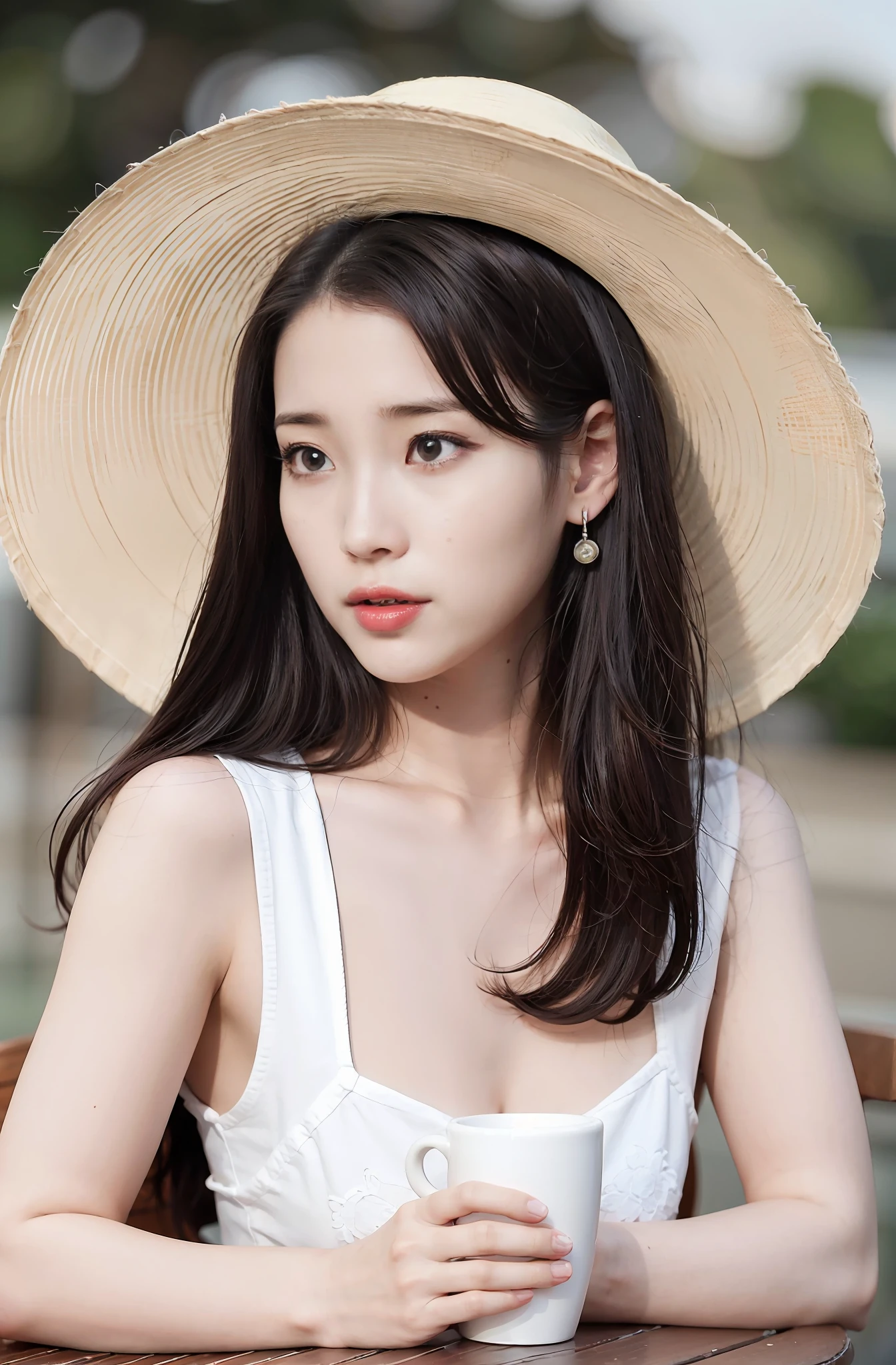 ((Masterpiece)),8k,masterpiece, best quality, 1girl,solo,realistic, garden,  photorealistic,ultra detailed, detailed background,(solo:1.4)
,The portrait is centered, ultra high res
full-body shot
((no hands))
sunlight
looking at front,

hazel eyes, happy expression, slender figure, standing against a city skyline at night
upper body, realistic, extremely detailed hair, intricate detail, masterpiece, best quality, standing,cityscape, outdoors, crowd,

(white hat:1.2),
(big hat:1.2),
sitting,
white chair, white table, tea set on table, white teacup,(garden), flowers, dynamic light, tranquil, serene, smiling, side view, profile, looking at viewer,
diamond stud earrings, long straight black hair, asymmetrical bangs, Pretty Baby Bangs ,

small breast , flat breast,  native breast, half hair, purple eyeshadow, expressionless, ultra high res background
grap the tea cup

(detailed eyes),(detailed facial features),(detailed clothes features),(ultra high res),( fluffy hair)


iu1,