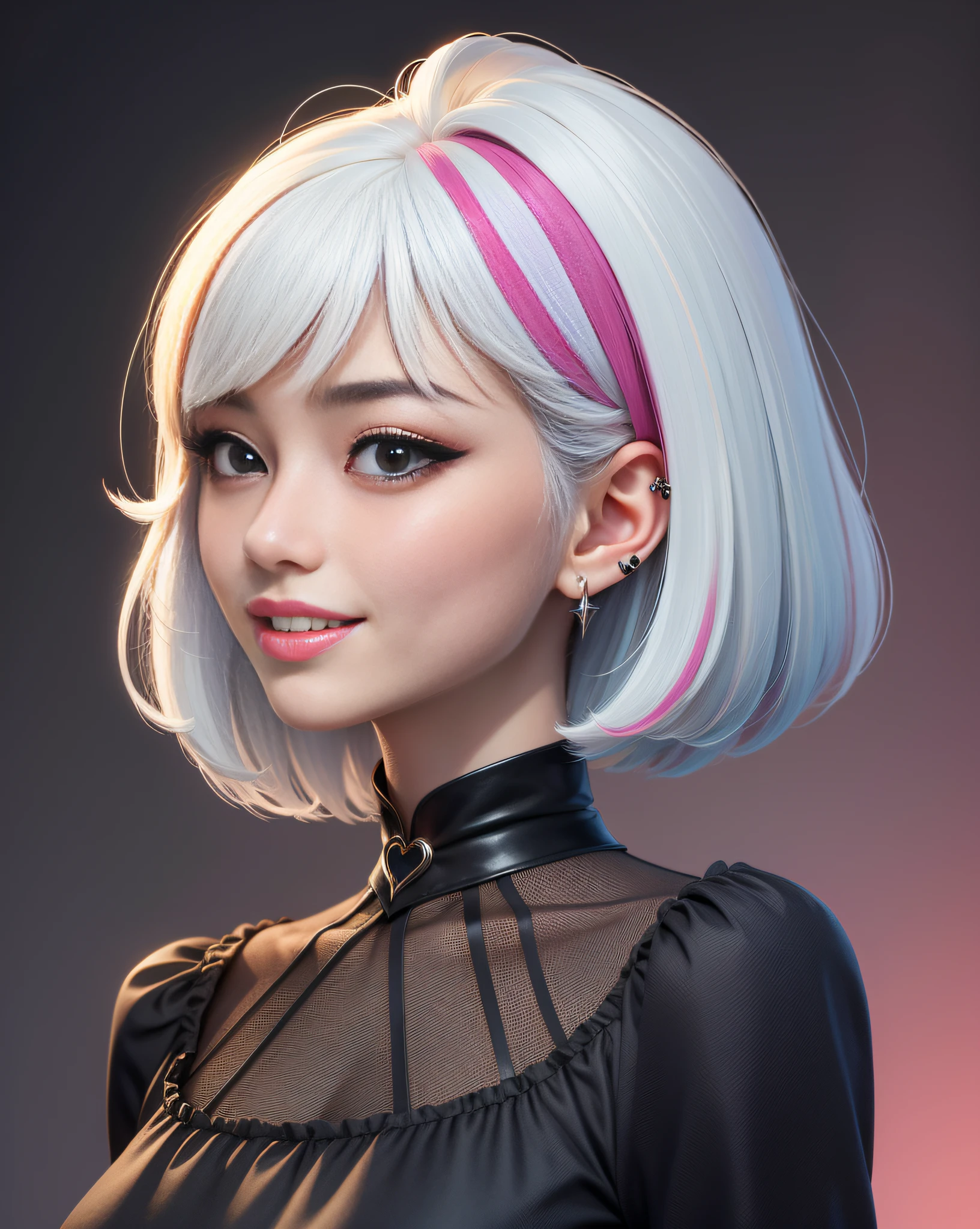 Blue blouse、high-necked、The upper part of the body、A smile、a closed mouth、short-haired、oblique bangs、oblique bangs、top-quality, femal、独奏, white hair, A dark-haired, piercings, two tone hair, Parted lips, Black eye, s lips, gotik, Mole, colourfull、Fantastic world、hitornfreckles、The wind is blowing、Eyes sparkle、Looking up