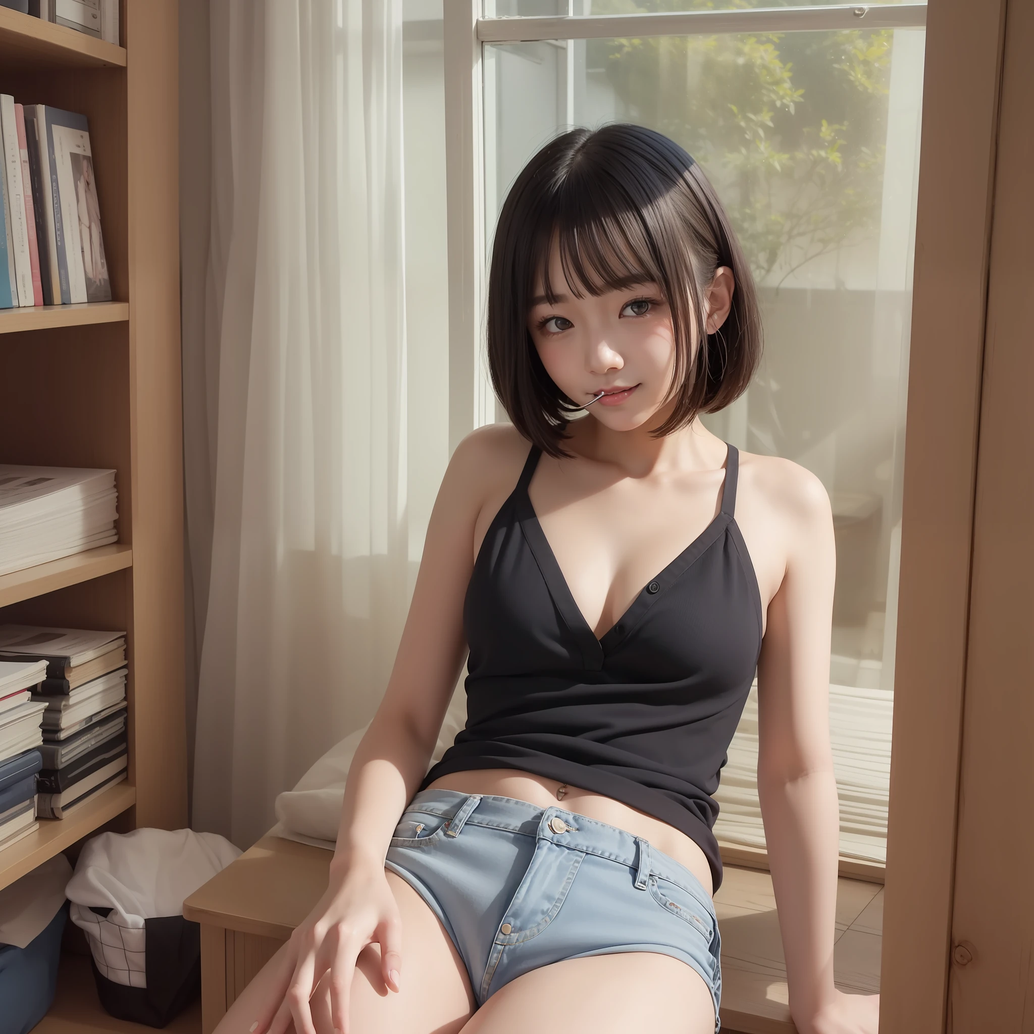 With the best image quality、age girl standing in room。Black Hair Bob Hair、Cute smile with mouth closed.。(tiny chest)、White camisole、Denim panties