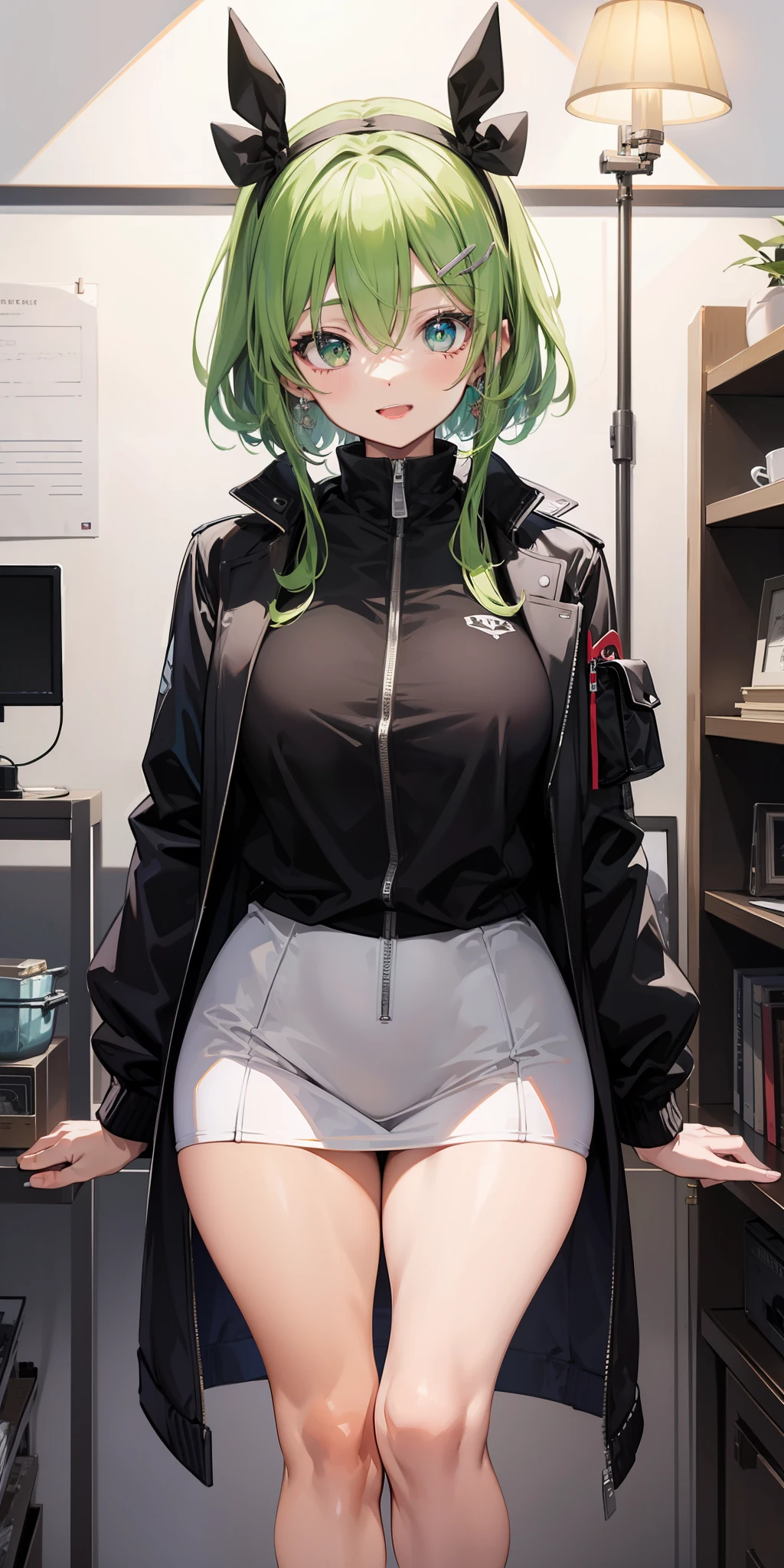 ((best quality)), ((master piece)), (Circumstantial), anime style, 1girl best quality, portrait, ultra detailed, gorgeous face, perfect anatomy, tanned skin, black, giant hair, perfect hair, bangs, (hair between the eyes), (hair accessories), perfect light green eyes, eye details, happy expression, lips, open mouth, smiling, teeth, Bomber Coat And Cirrê Leggings Rib, arms, Hands, five fingers in hand, thick legs , big thigh, possession, background scenery, studio, white wall, lighting, lamp, camera equipment, objects in the background, details in the environment, looking at the viewer